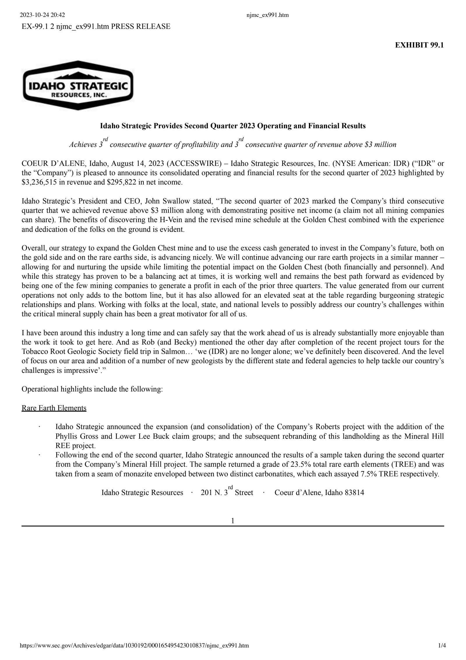 Idaho Strategic Resources' Q2 2023 Press Release