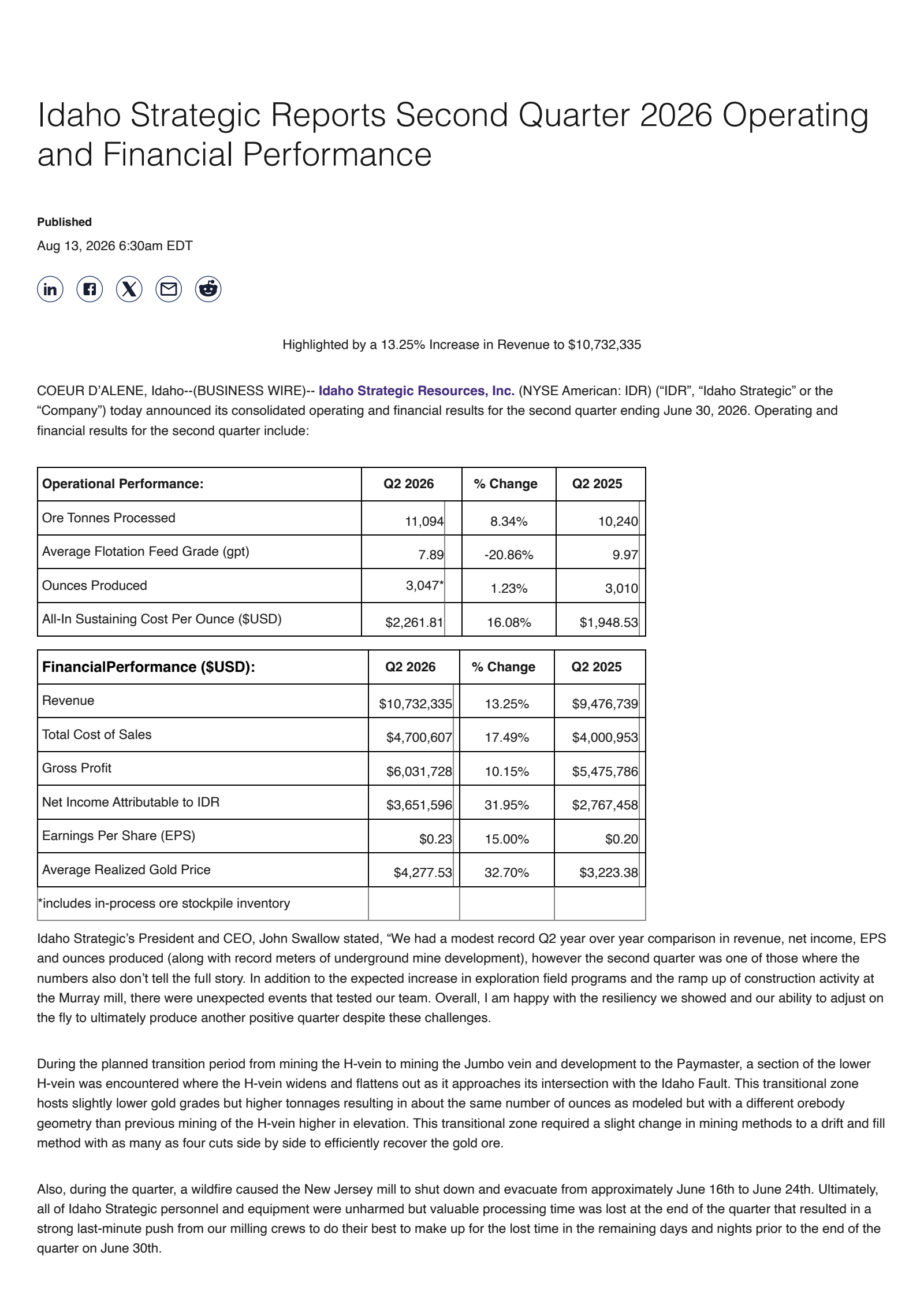 Idaho Strategic Resources' Q2 2026 Press Release