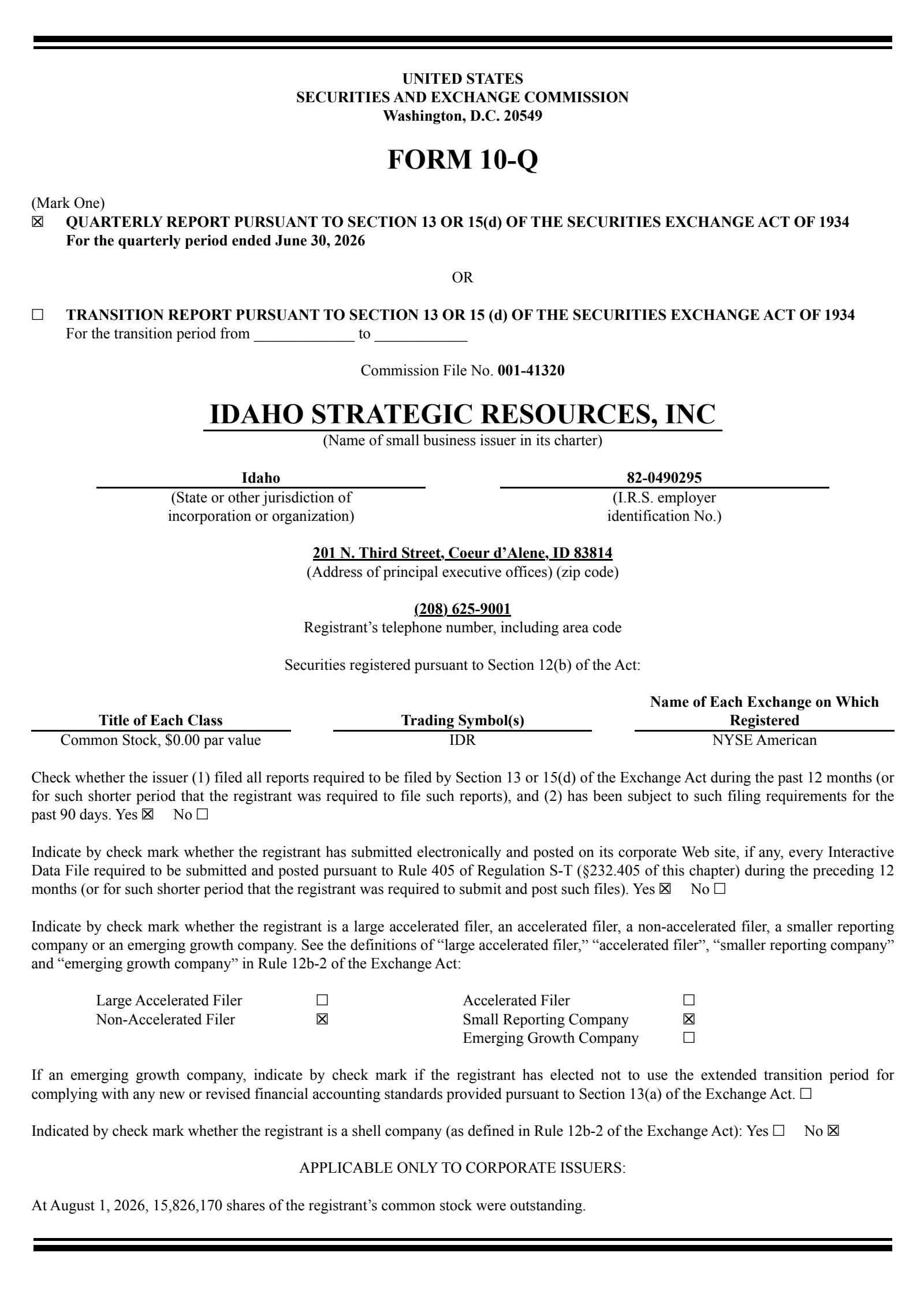 Idaho Strategic Resources' Q2 2026 Quarterly report