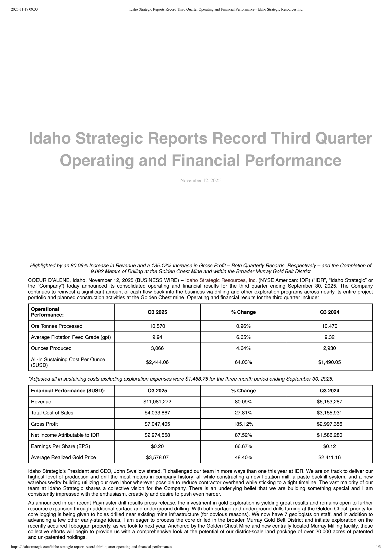 Idaho Strategic Resources' Q3 2025 Earnings Release