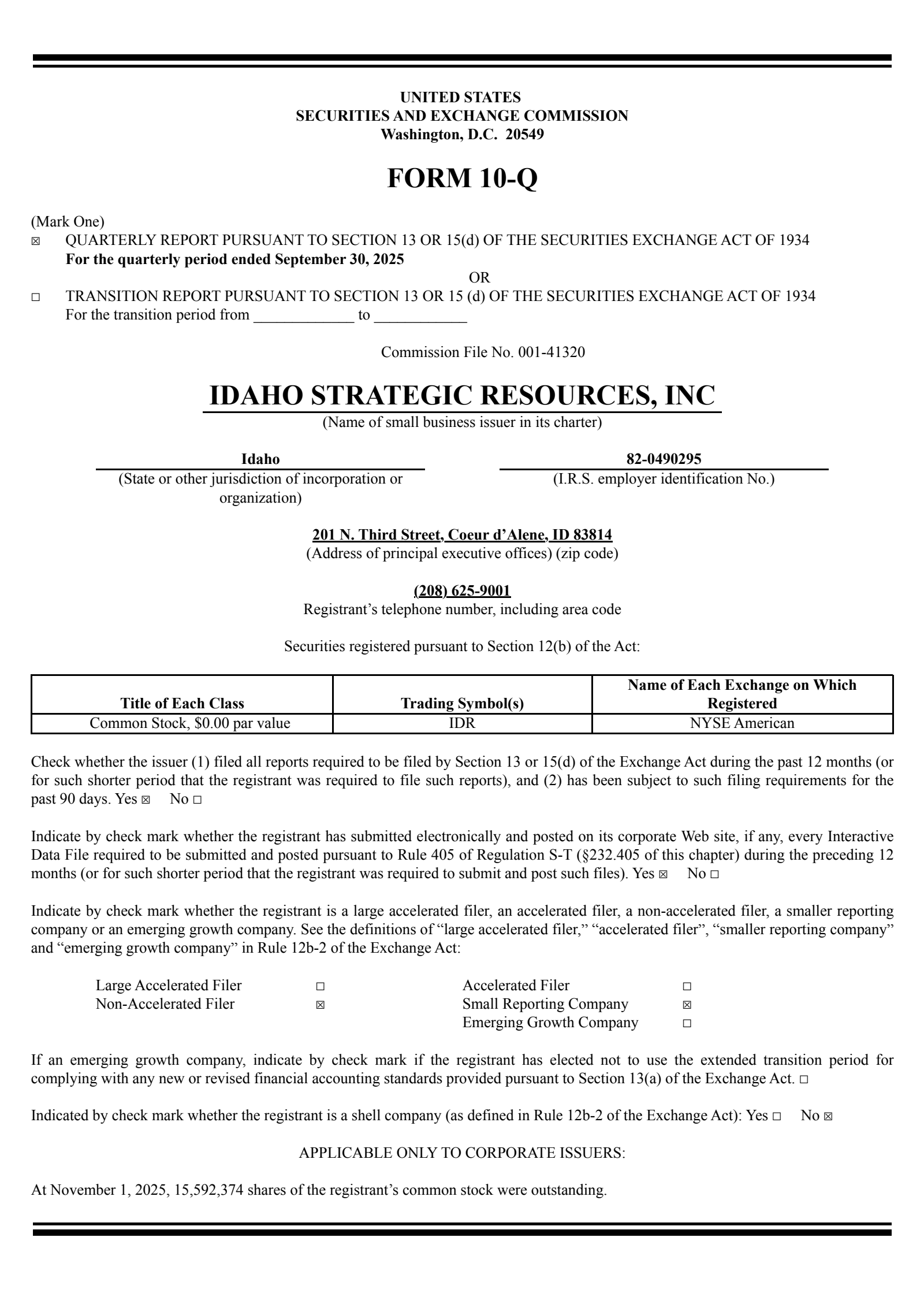 Idaho Strategic Resources' Q3 2025 Quarterly Report