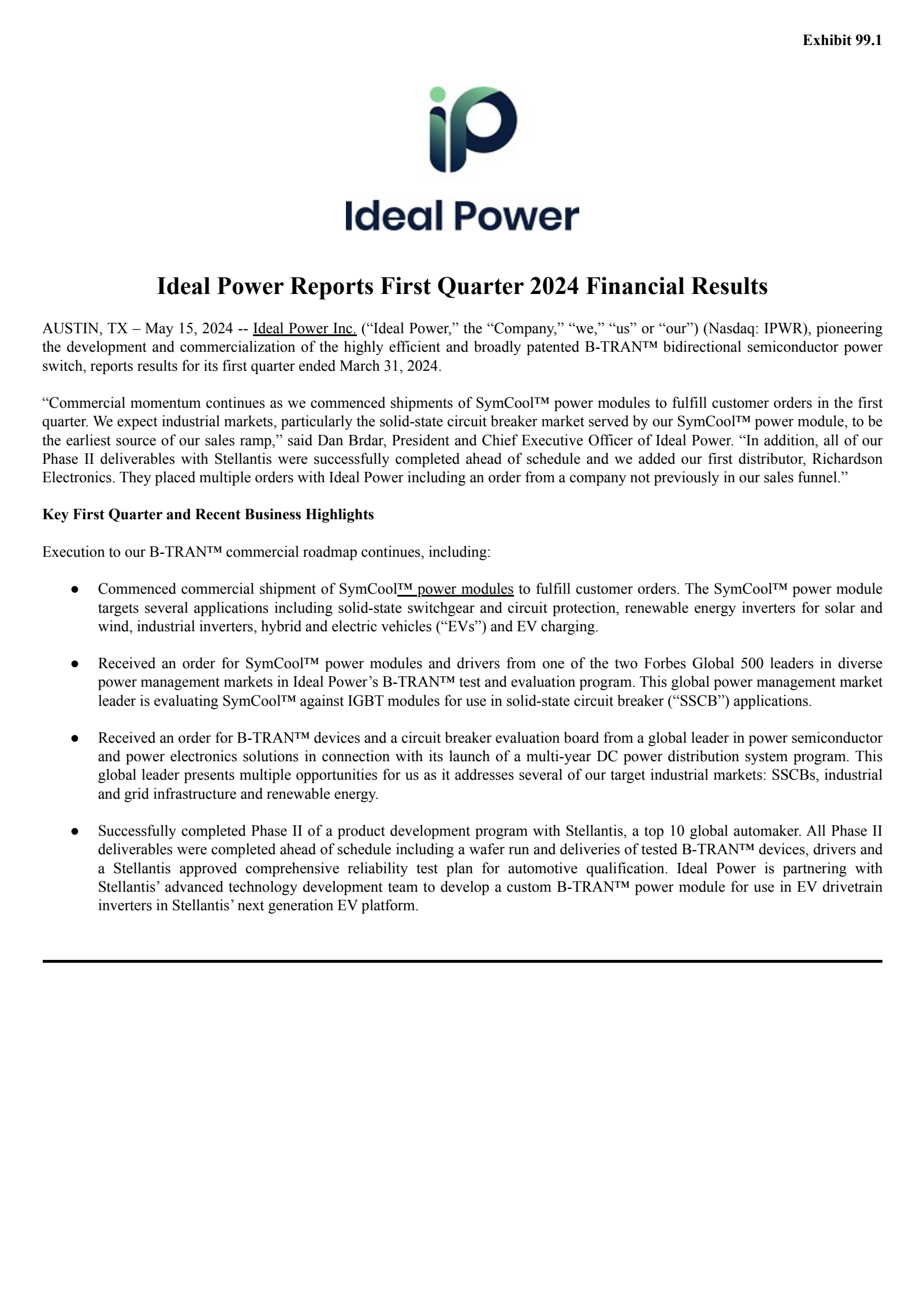 Ideal Power's Q1 2024 Press Release