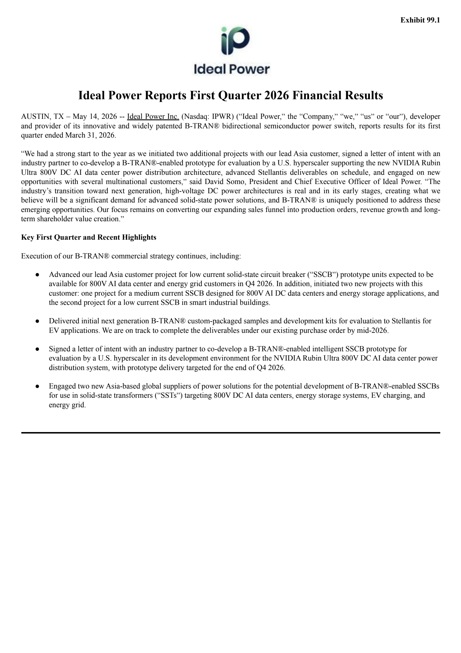 Ideal Power's Q1 2026 Press Release