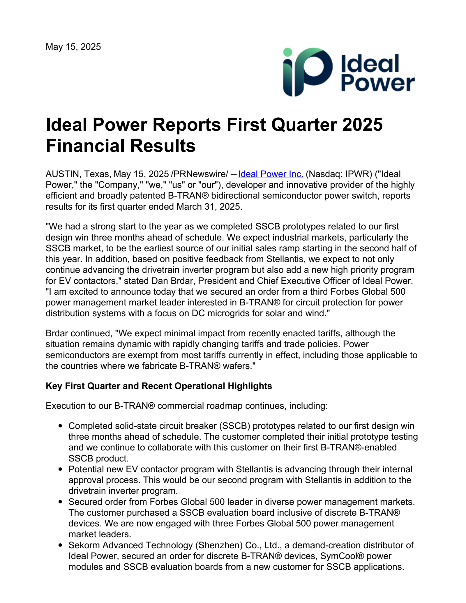Ideal Power's Q2 2025 Press Release