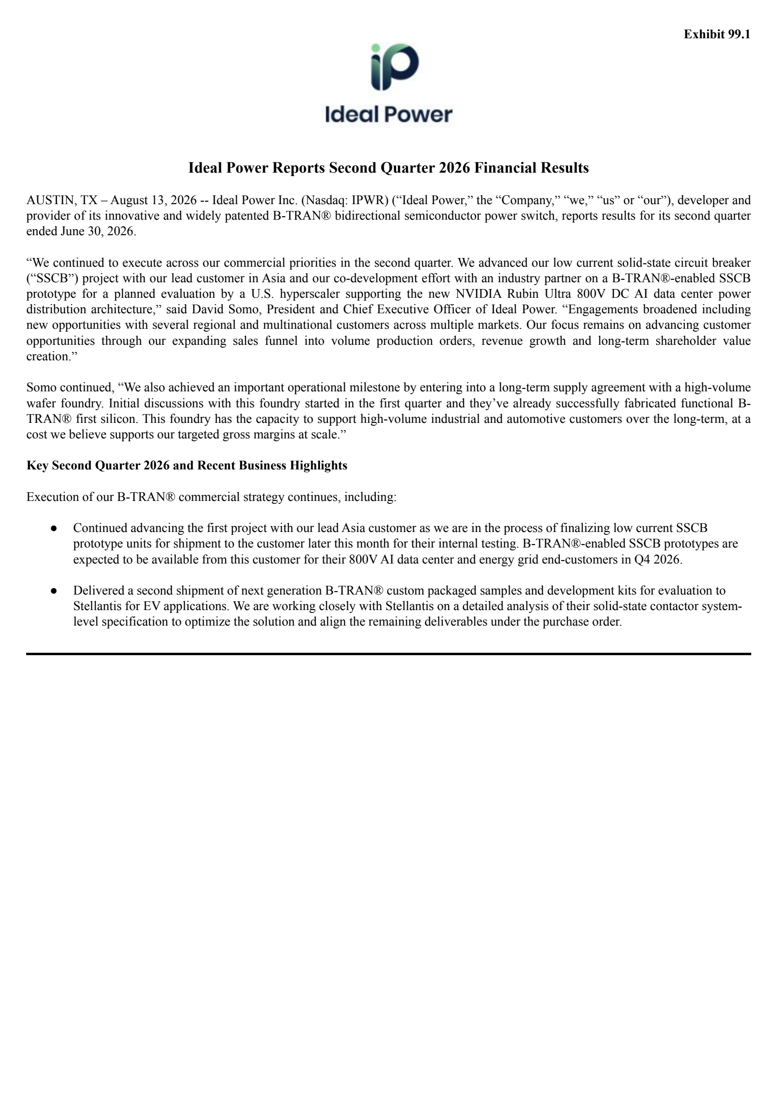Ideal Power's Q2 2026 Press Release