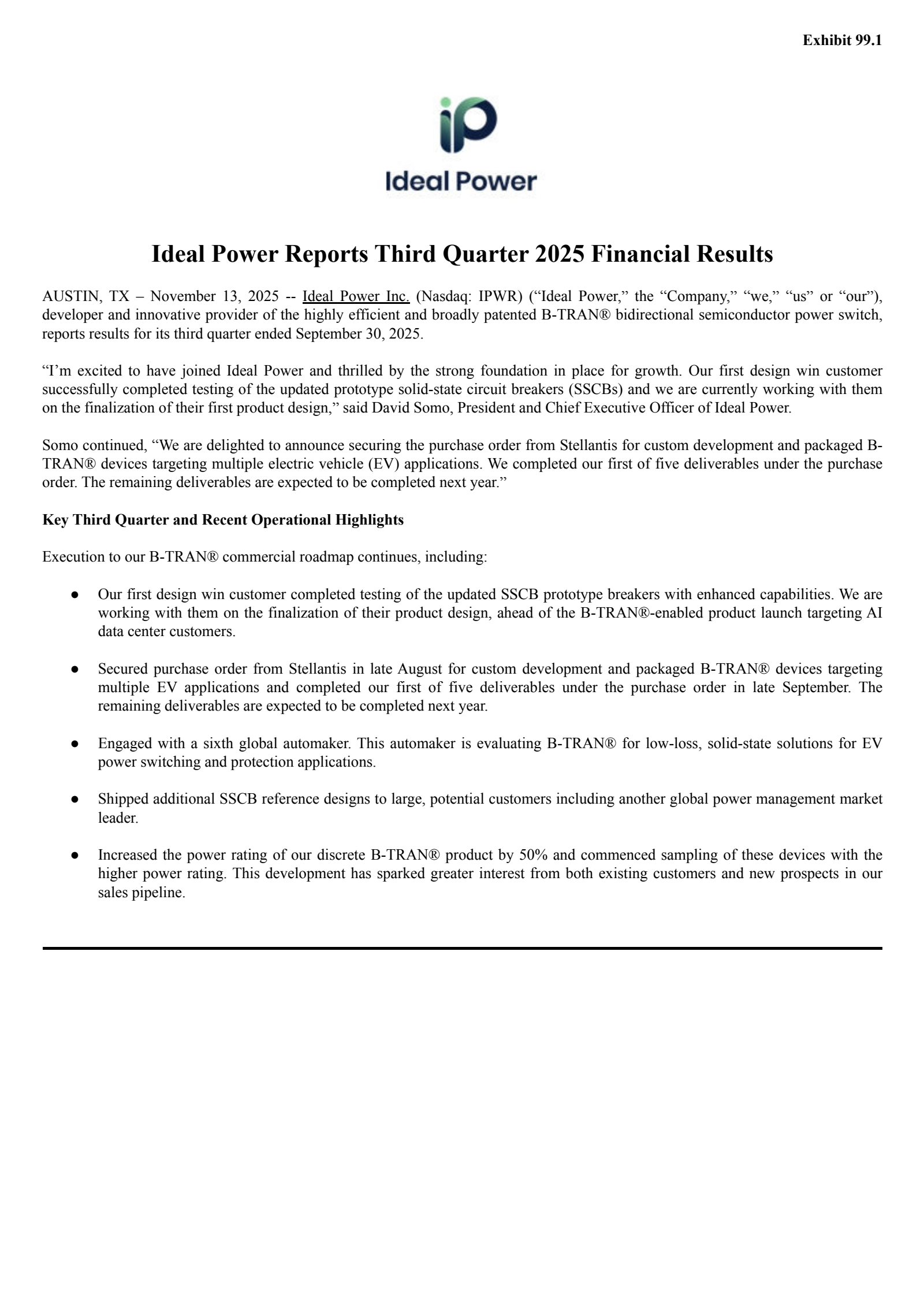 Ideal Power's Q3 2025 Earnings Release