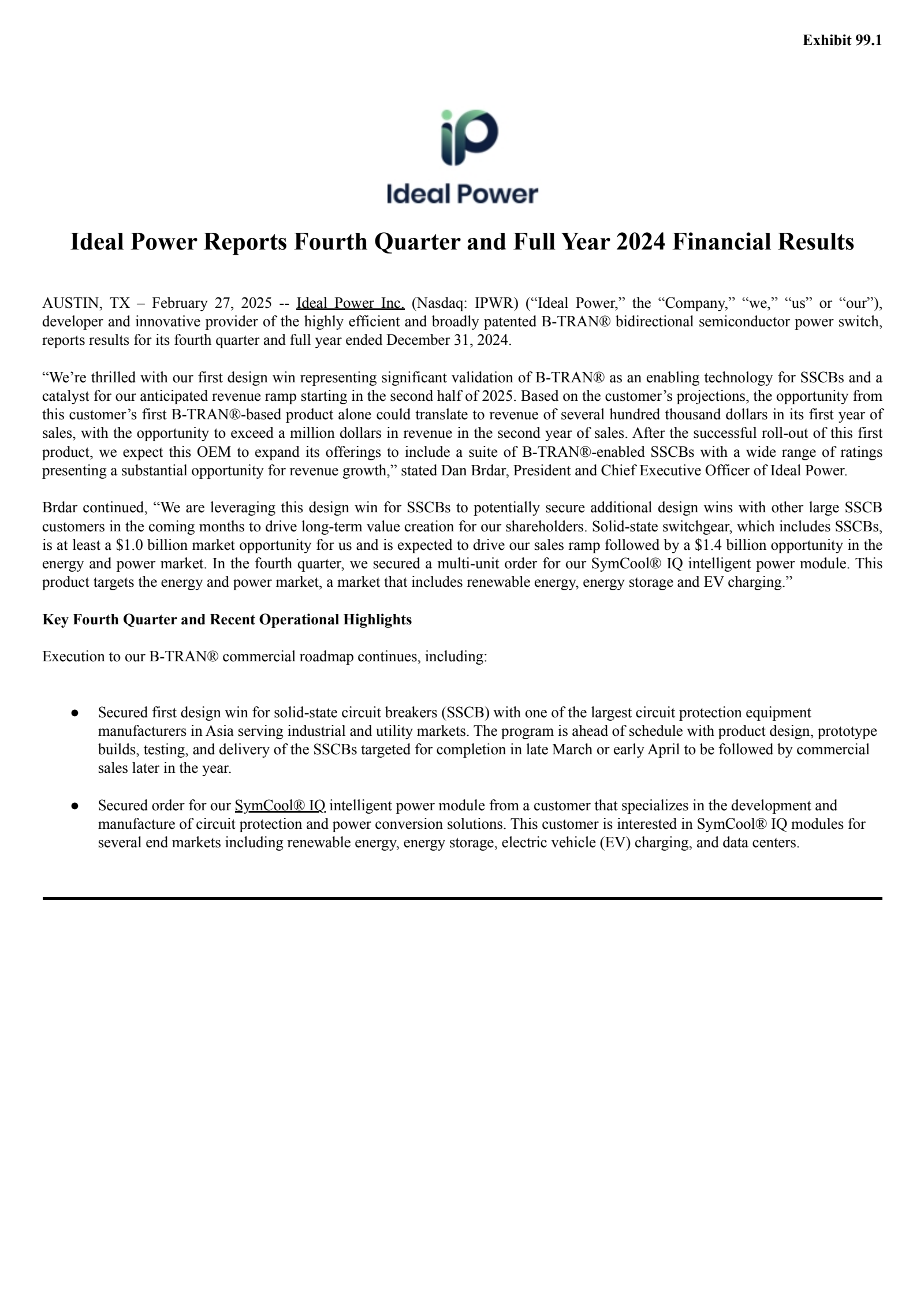 Ideal Power's Q4 2024 Press Release