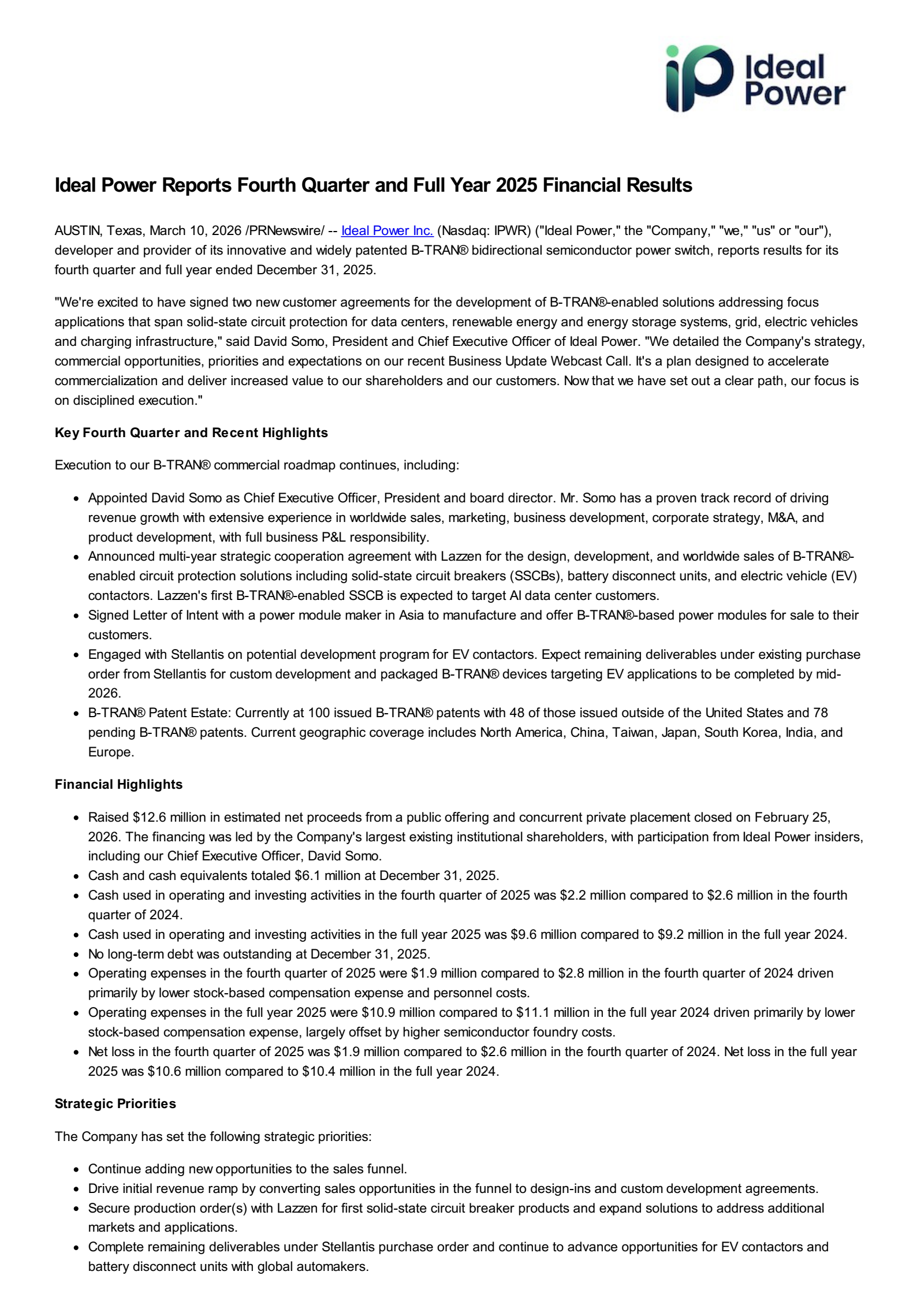 Ideal Power's Q4 2025 Press Release