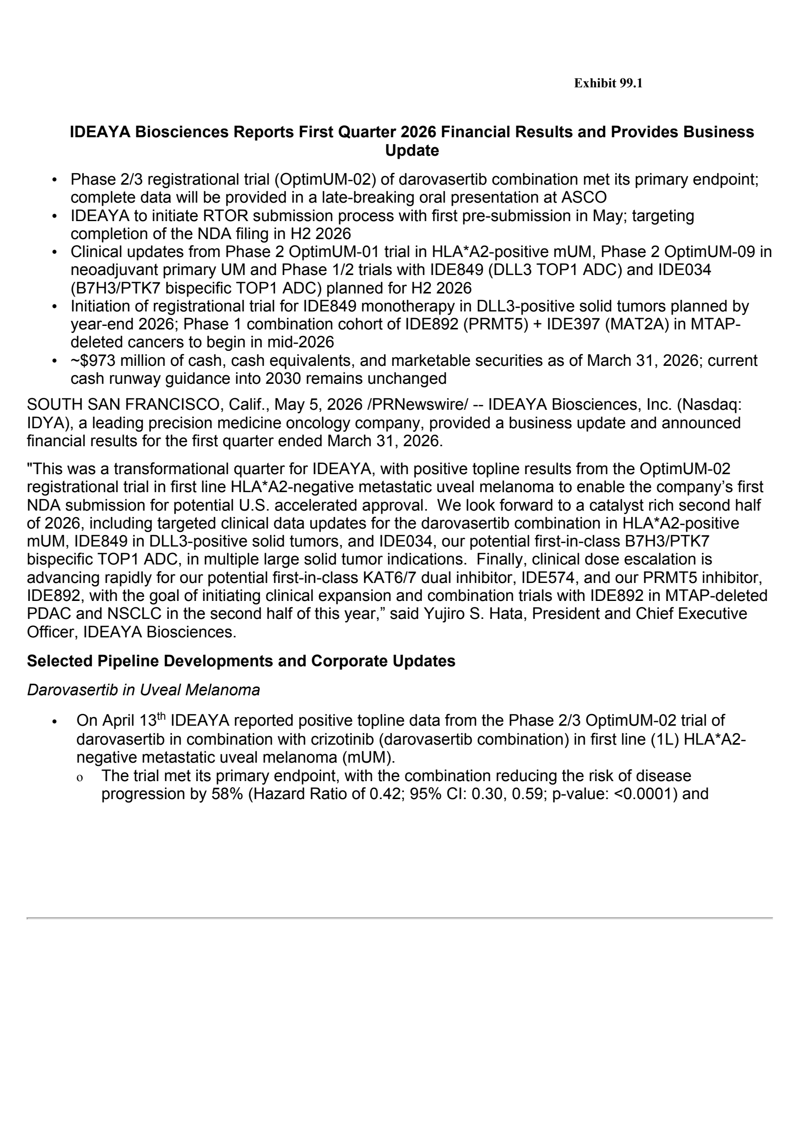 IDEAYA Biosciences' Q1 2026 Press Release