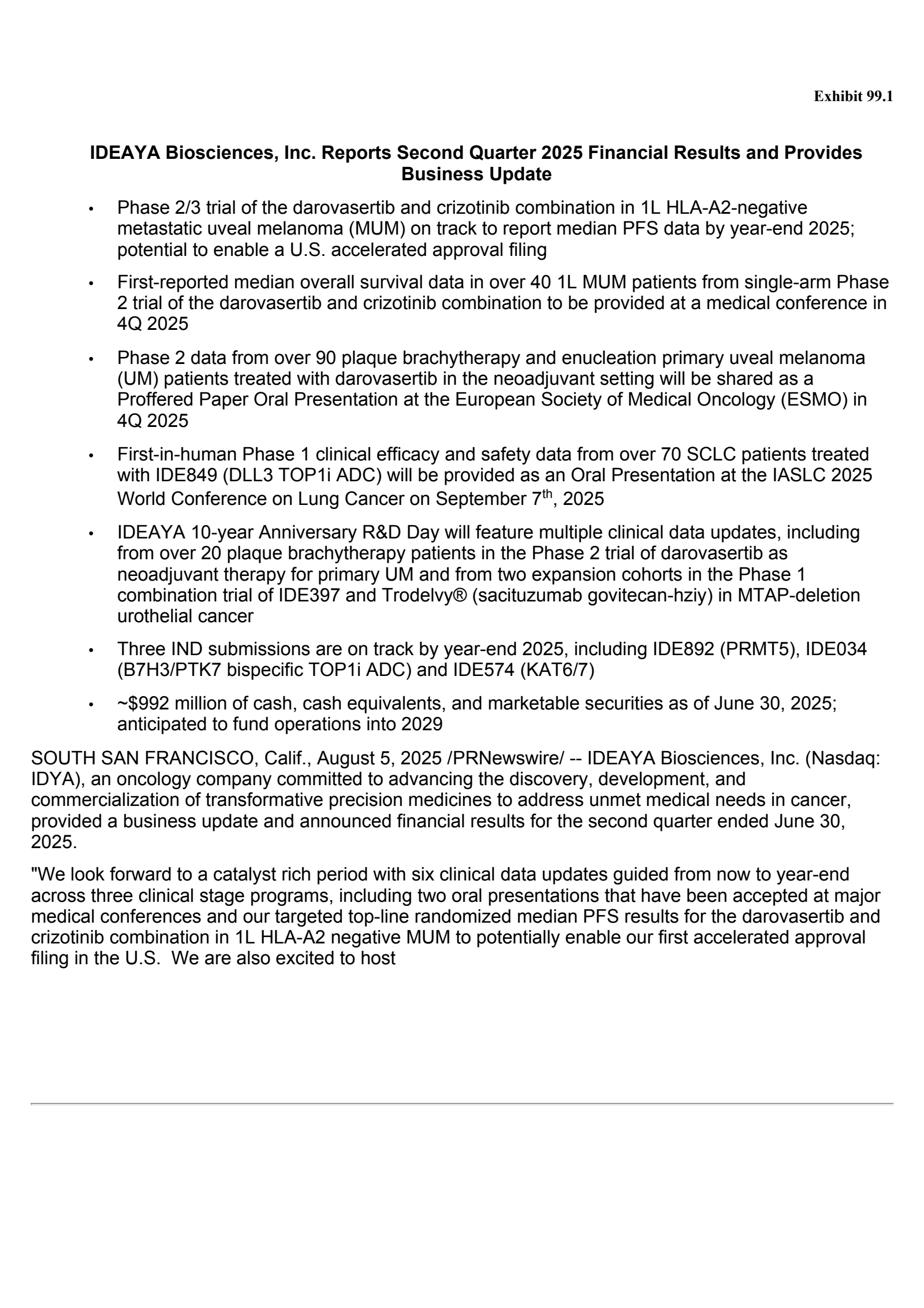 IDEAYA Biosciences' Q2 2025 Press Release
