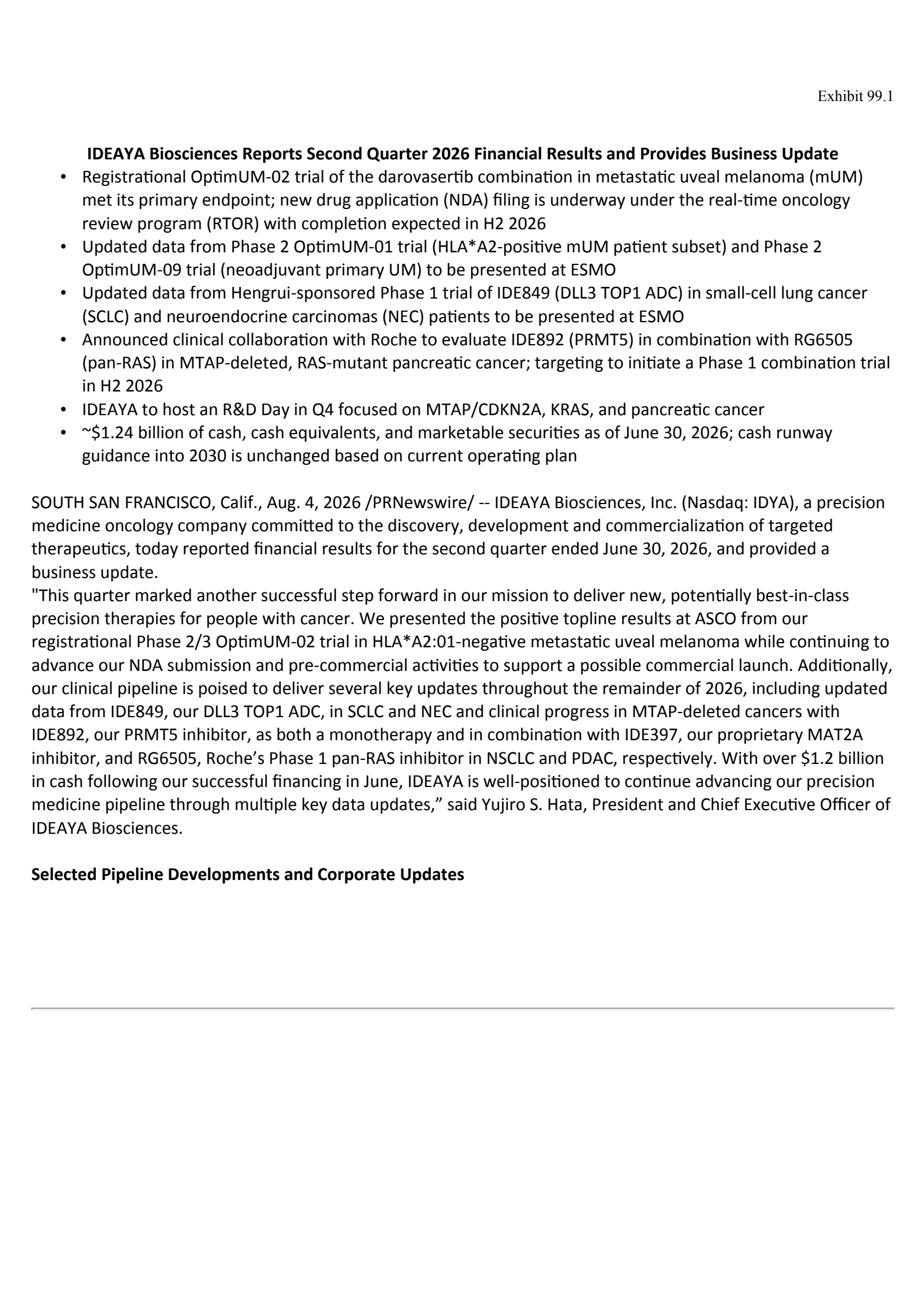 IDEAYA Biosciences' Q2 2026 Press Release