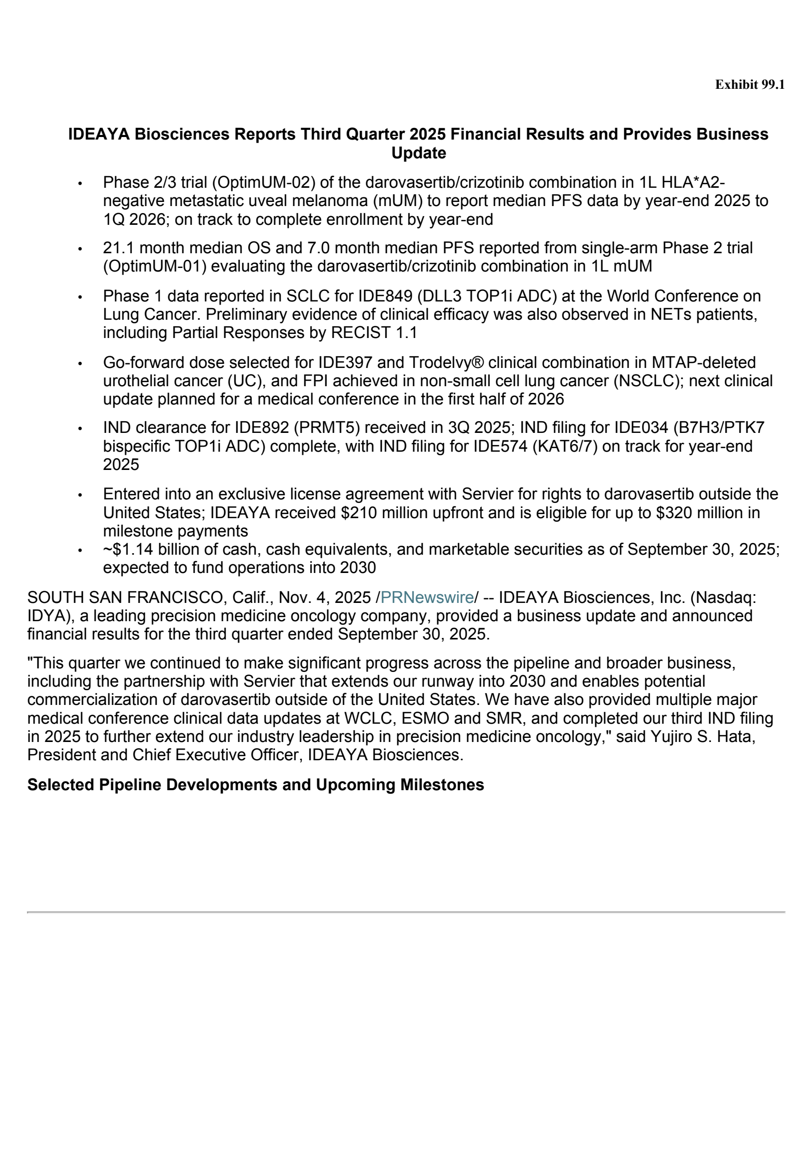IDEAYA Biosciences' Q3 2025 Earnings Release