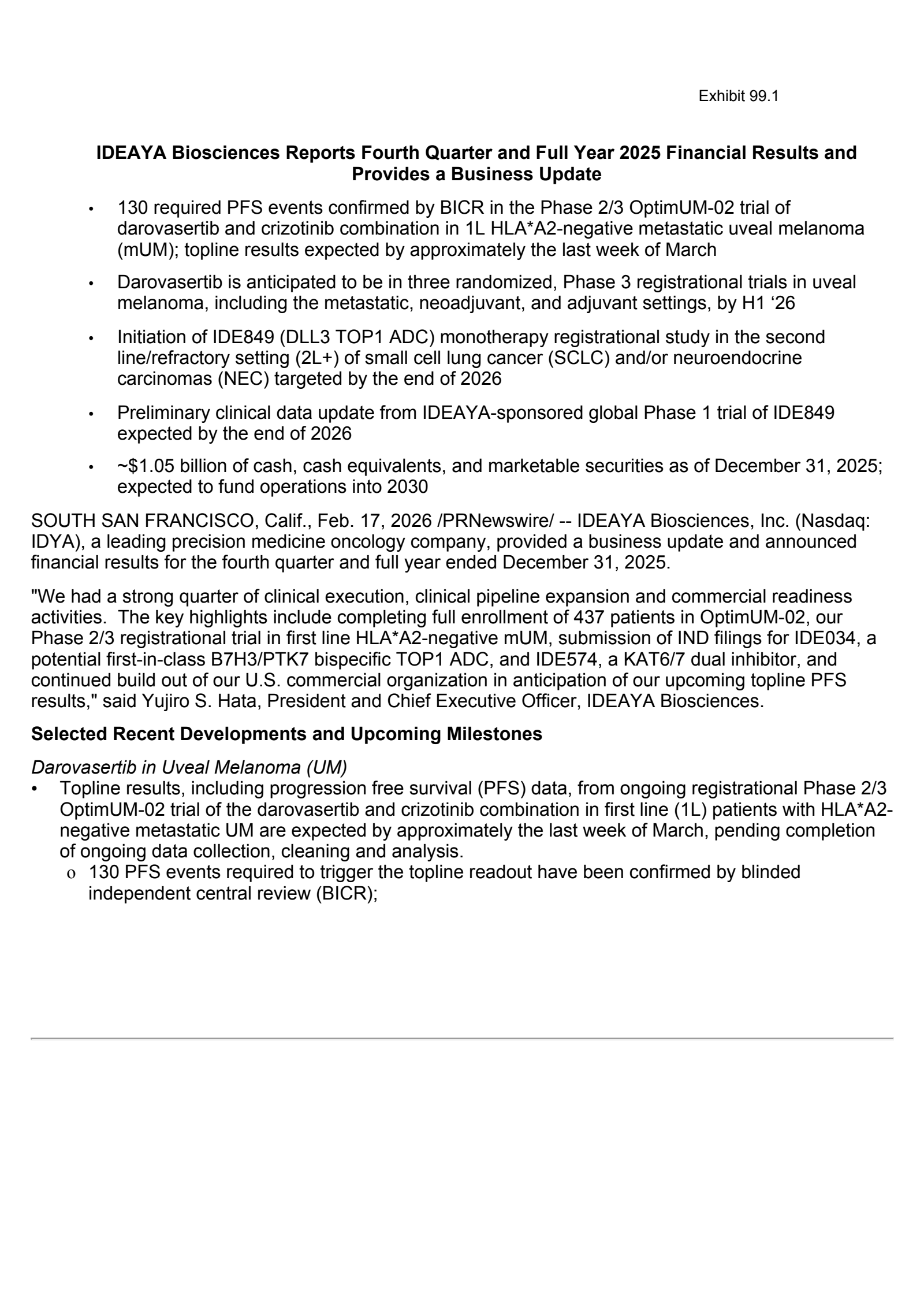 IDEAYA Biosciences' Q4 2025 Press Release