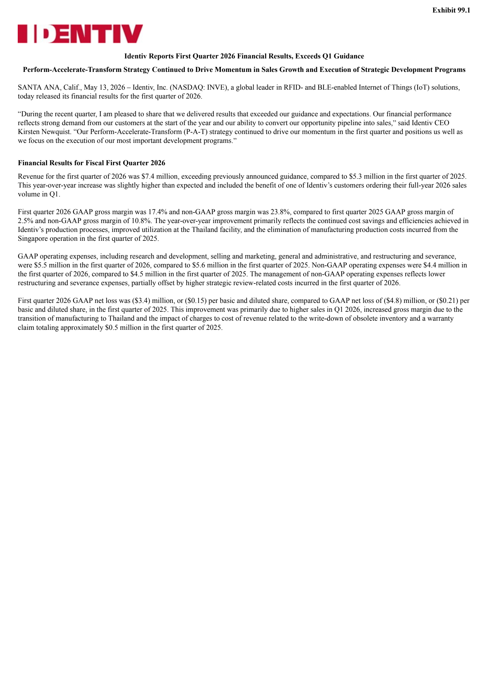 Identiv's Q1 2026 Press Release
