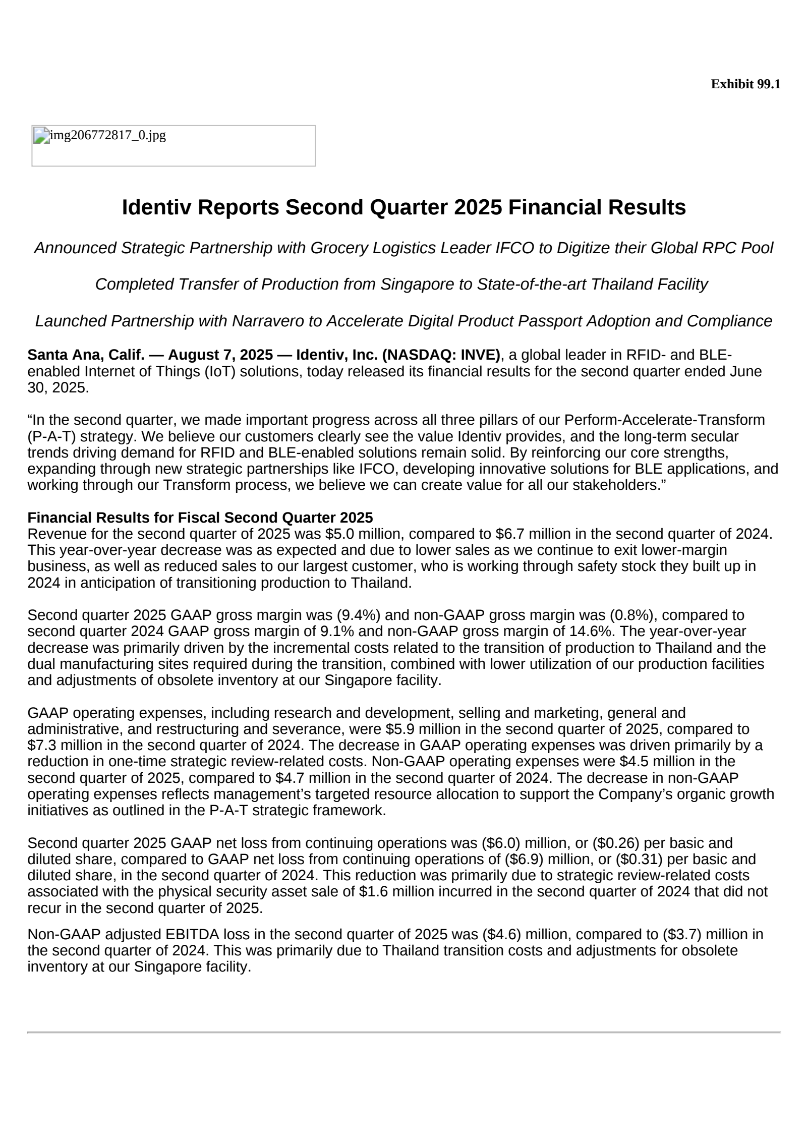 Identiv's Q2 2025 Press Release