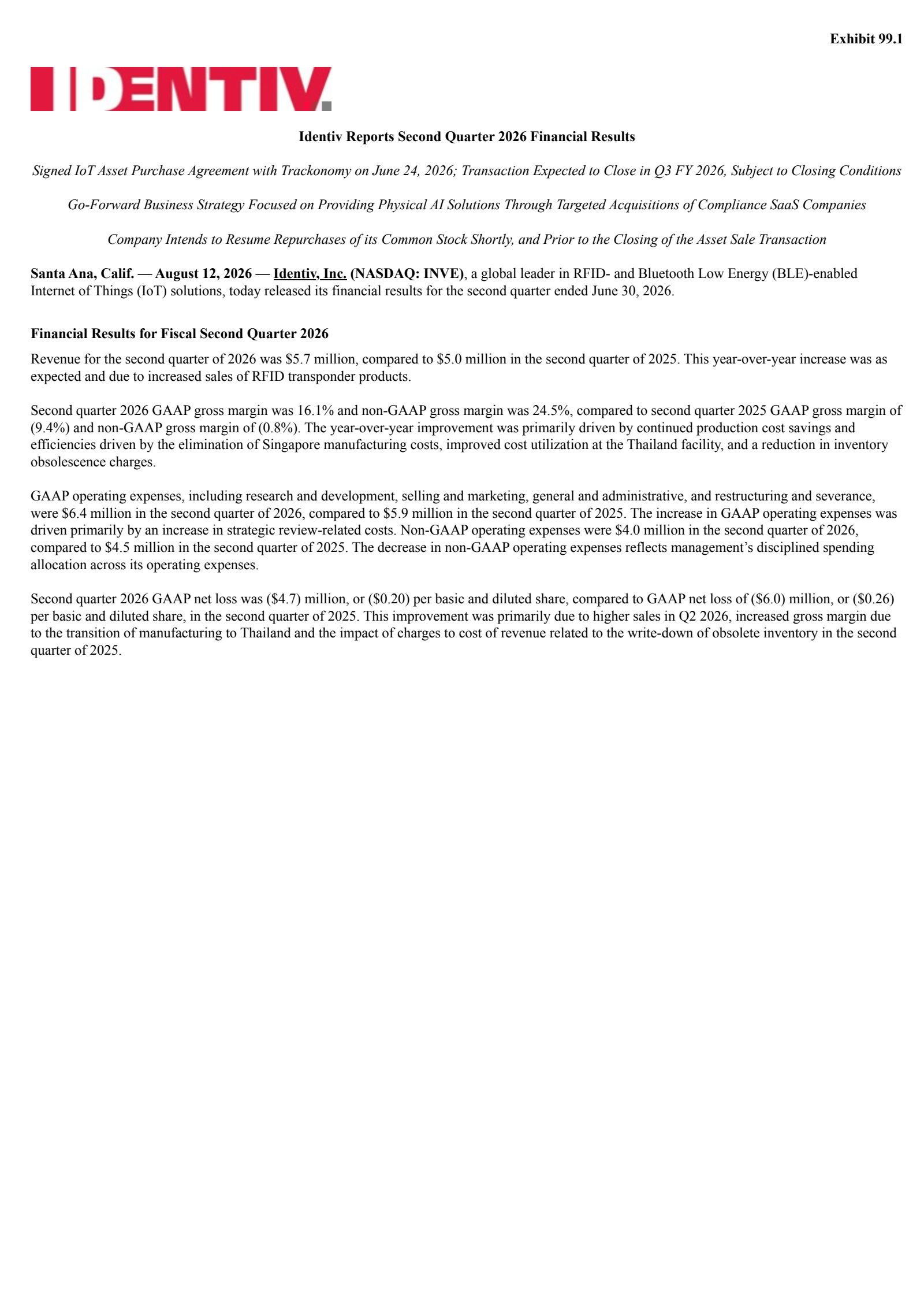 Identiv's Q2 2026 Press Release