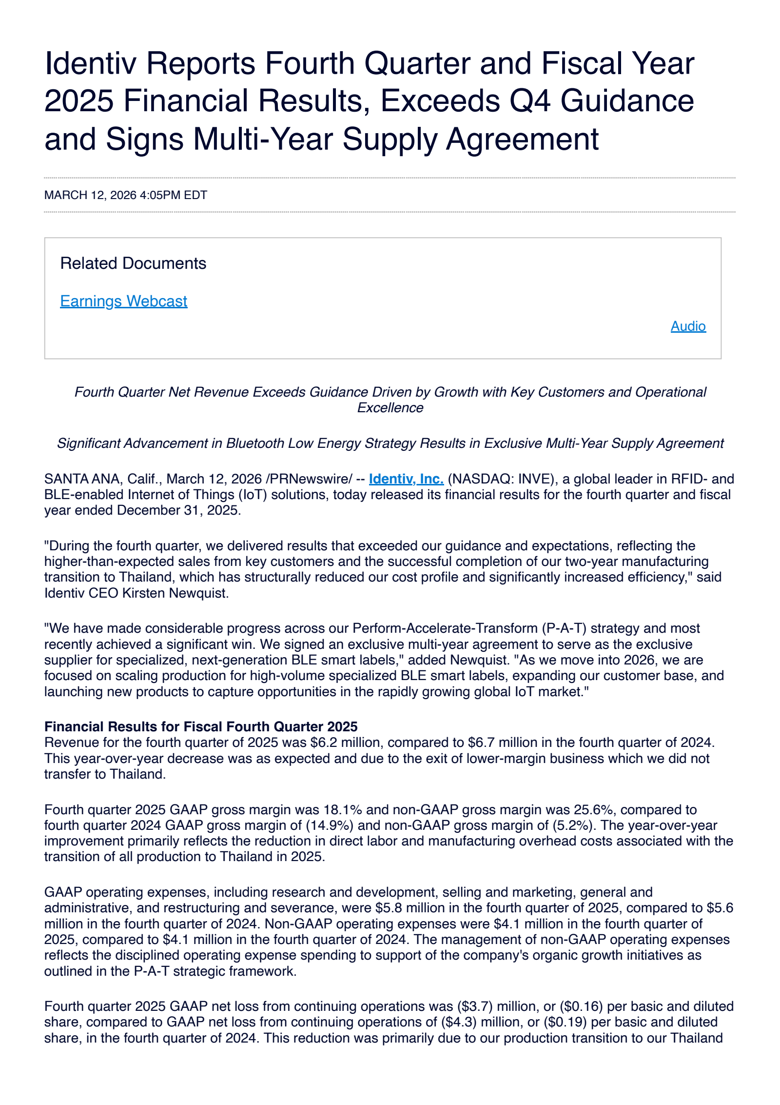 Identiv's Q4 2025 Press Release