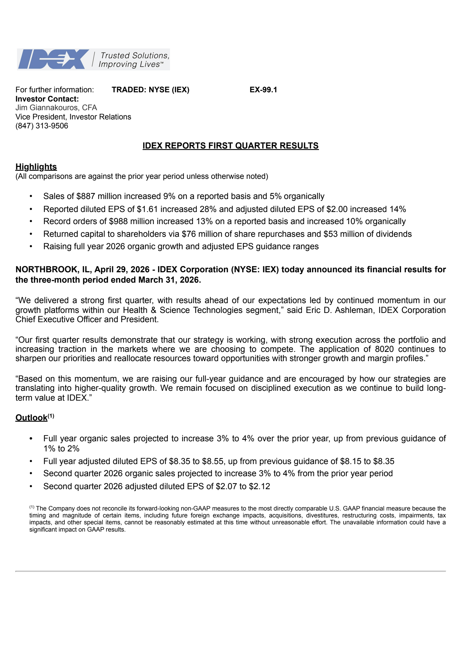 IDEX's Q1 2026 Press Release