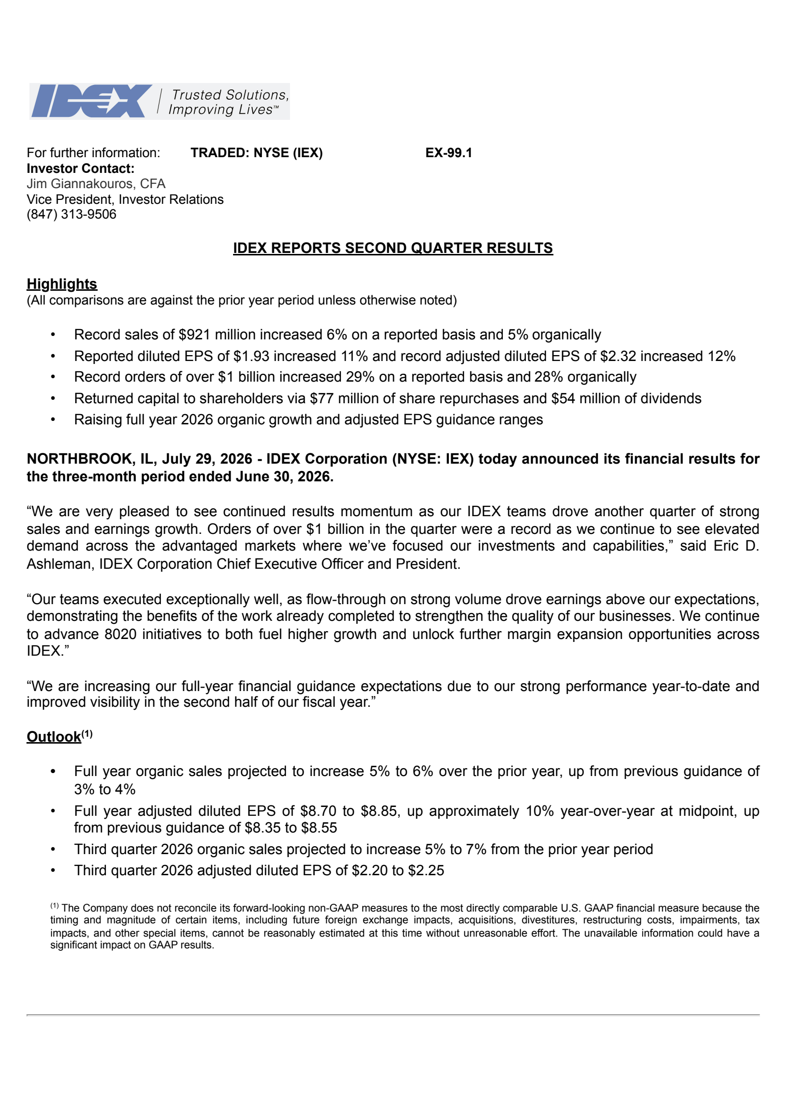 IDEX's Q2 2026 Press Release