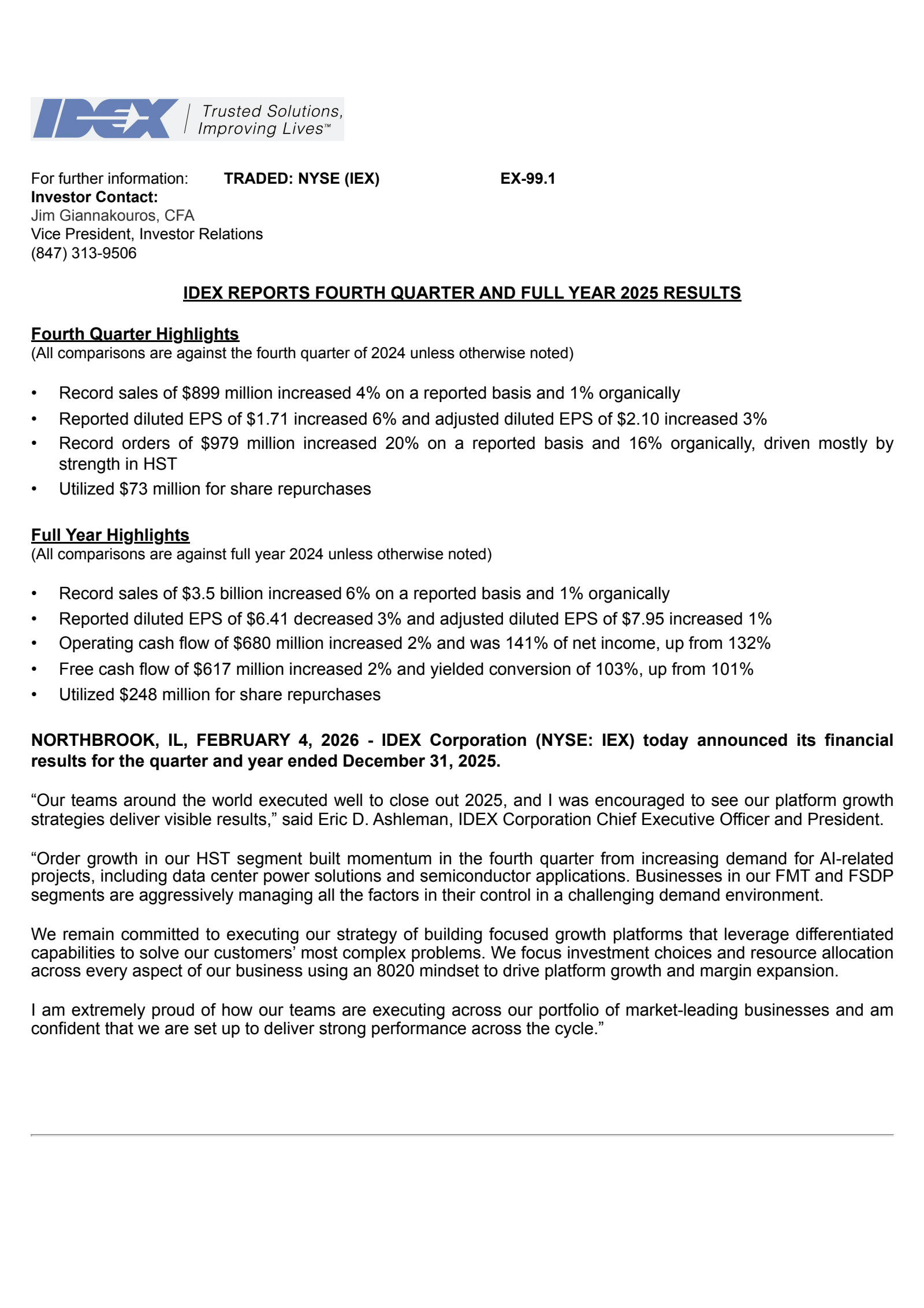 IDEX's Q4 2025 Press Release