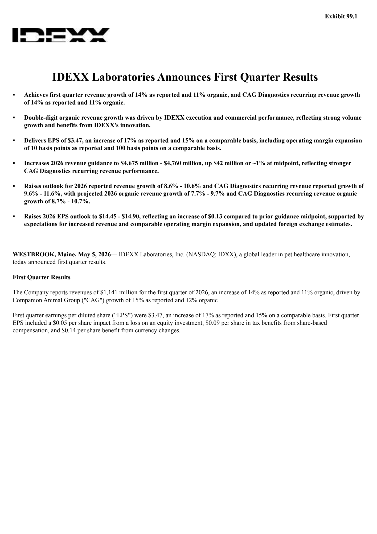 IDEXX Laboratories' Q1 2026 Press Release
