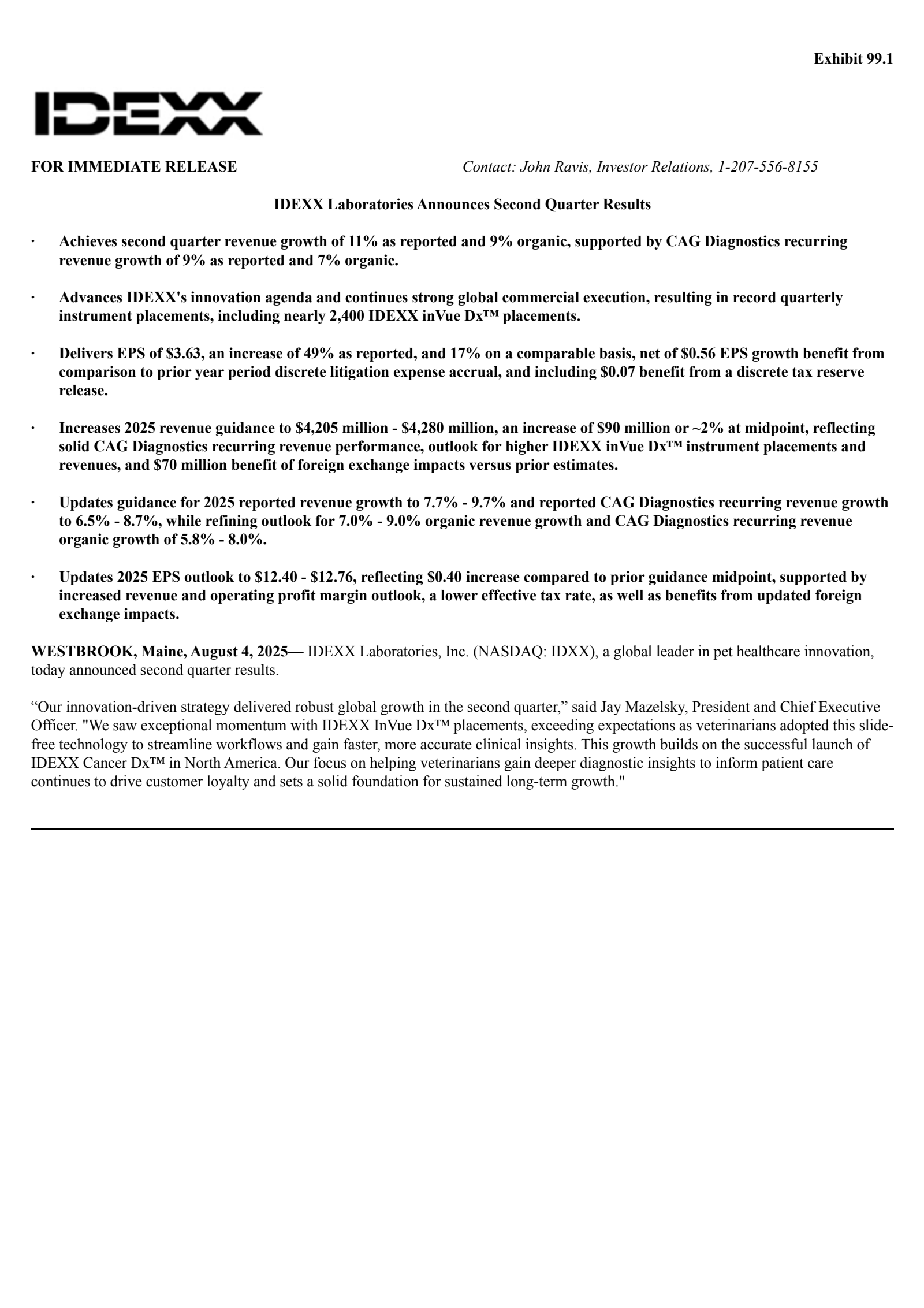 IDEXX Laboratories' Q2 2025 Press Release