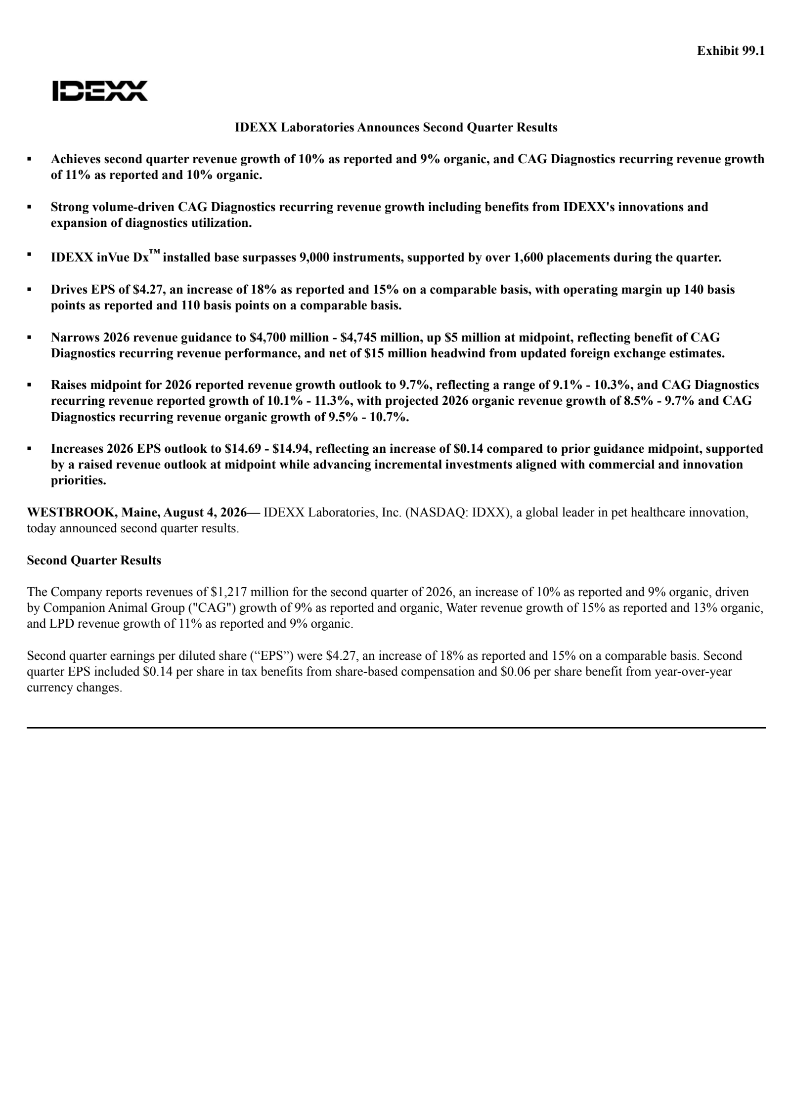 IDEXX Laboratories' Q2 2026 Press Release