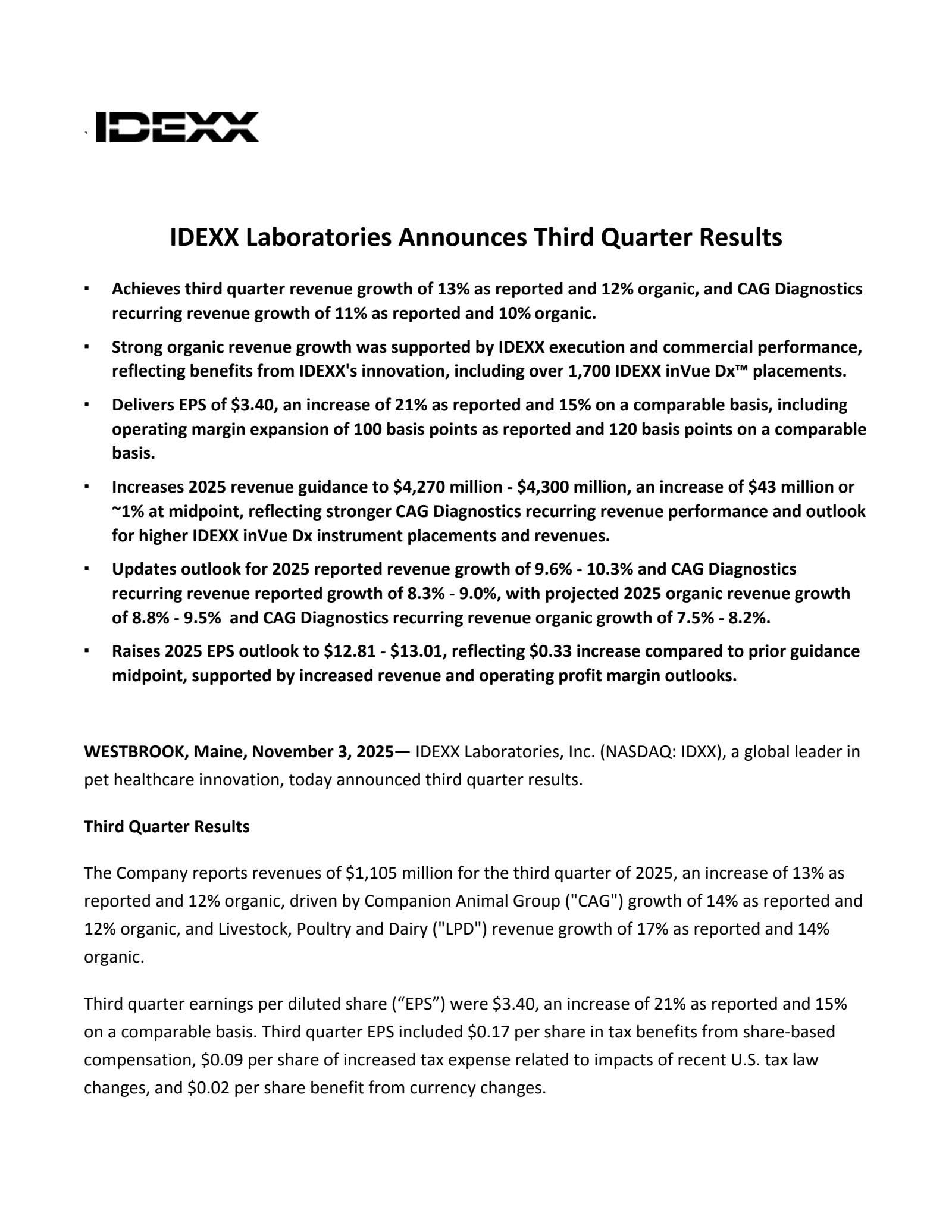 IDEXX Laboratories' Q3 2025 Earnings Release