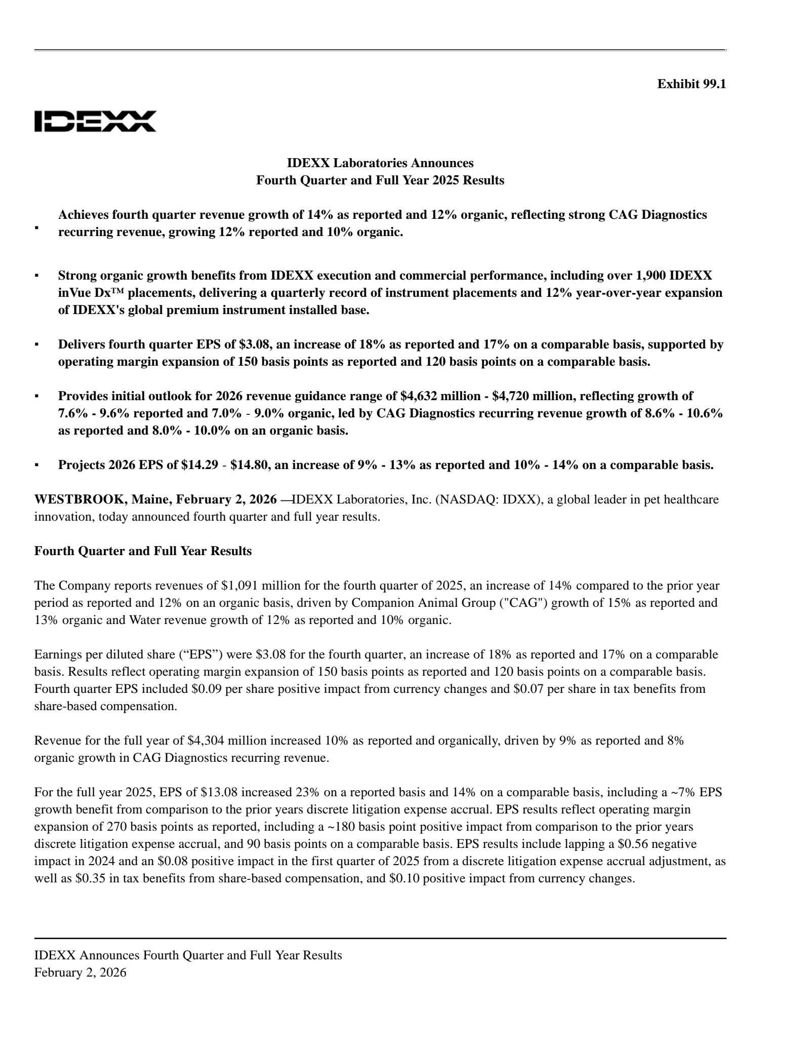 IDEXX Laboratories' Q4 2025 Press Release