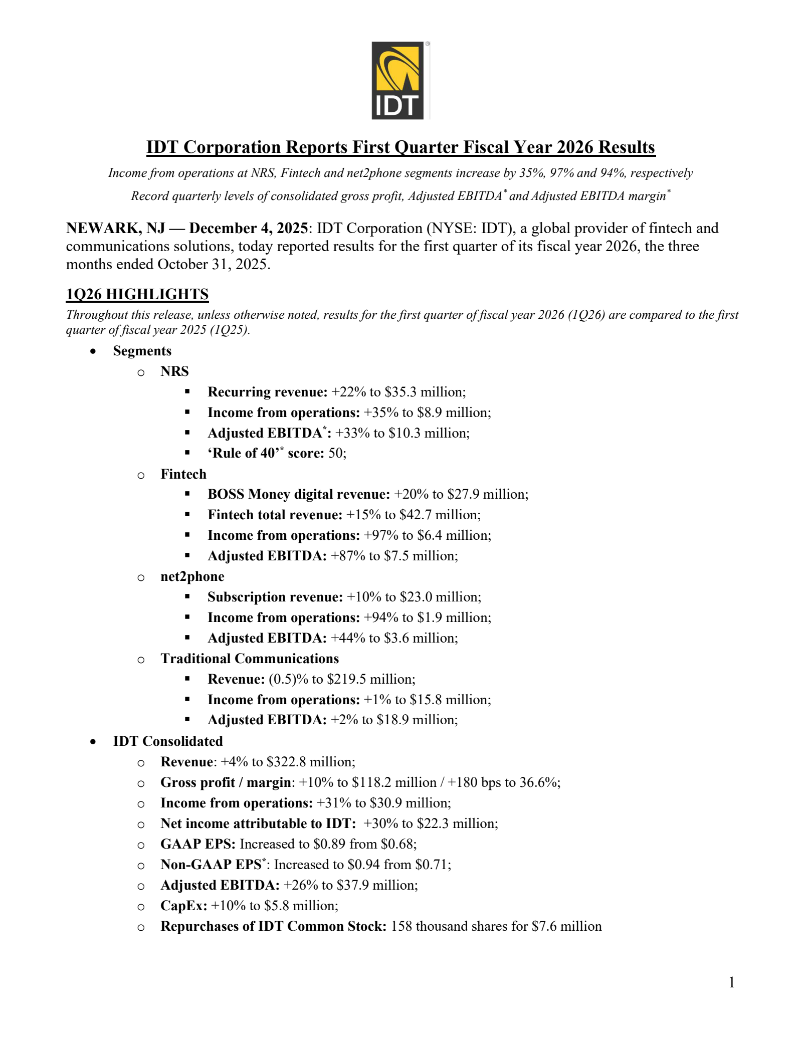 IDT's Q1 2026 Earnings Release