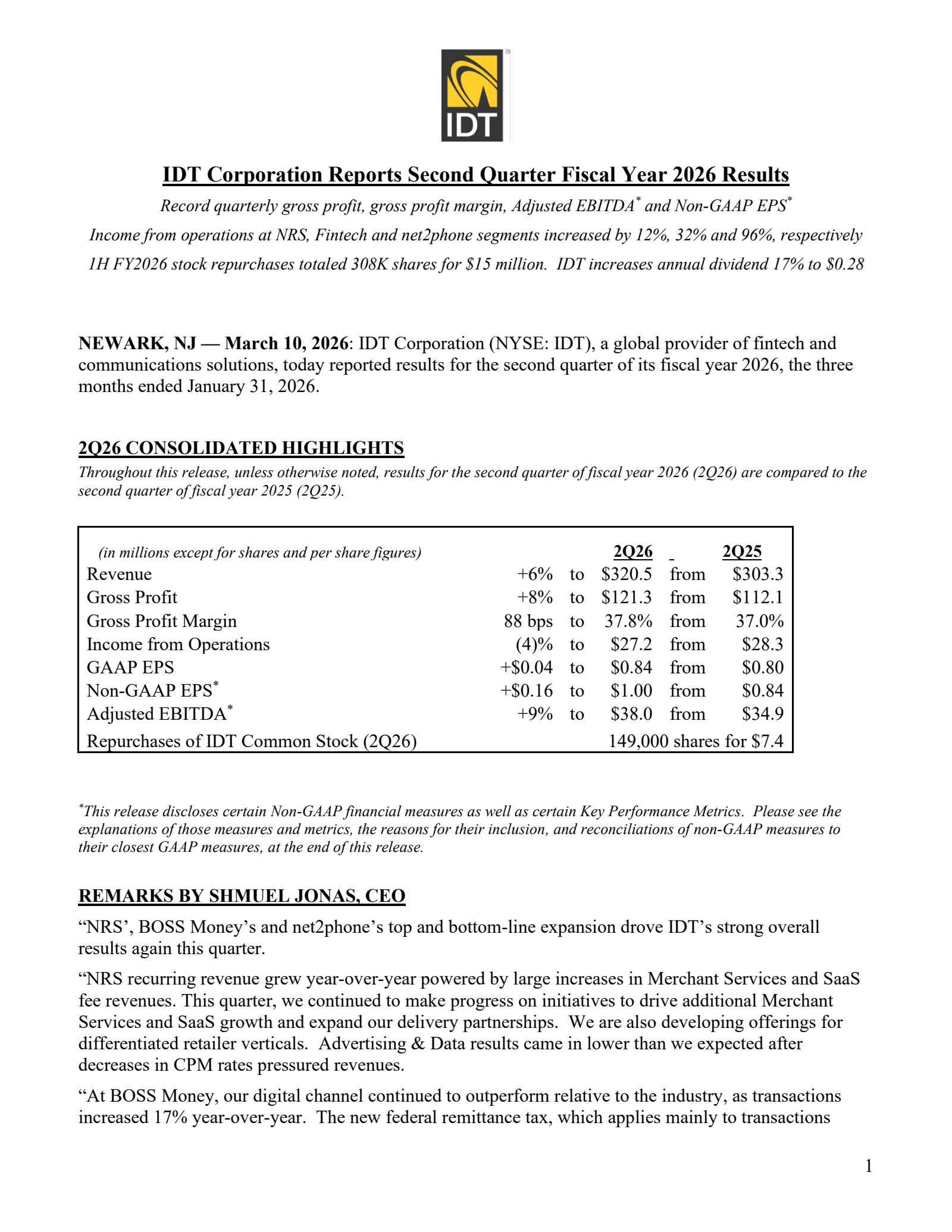 IDT's Q2 2026 Press Release