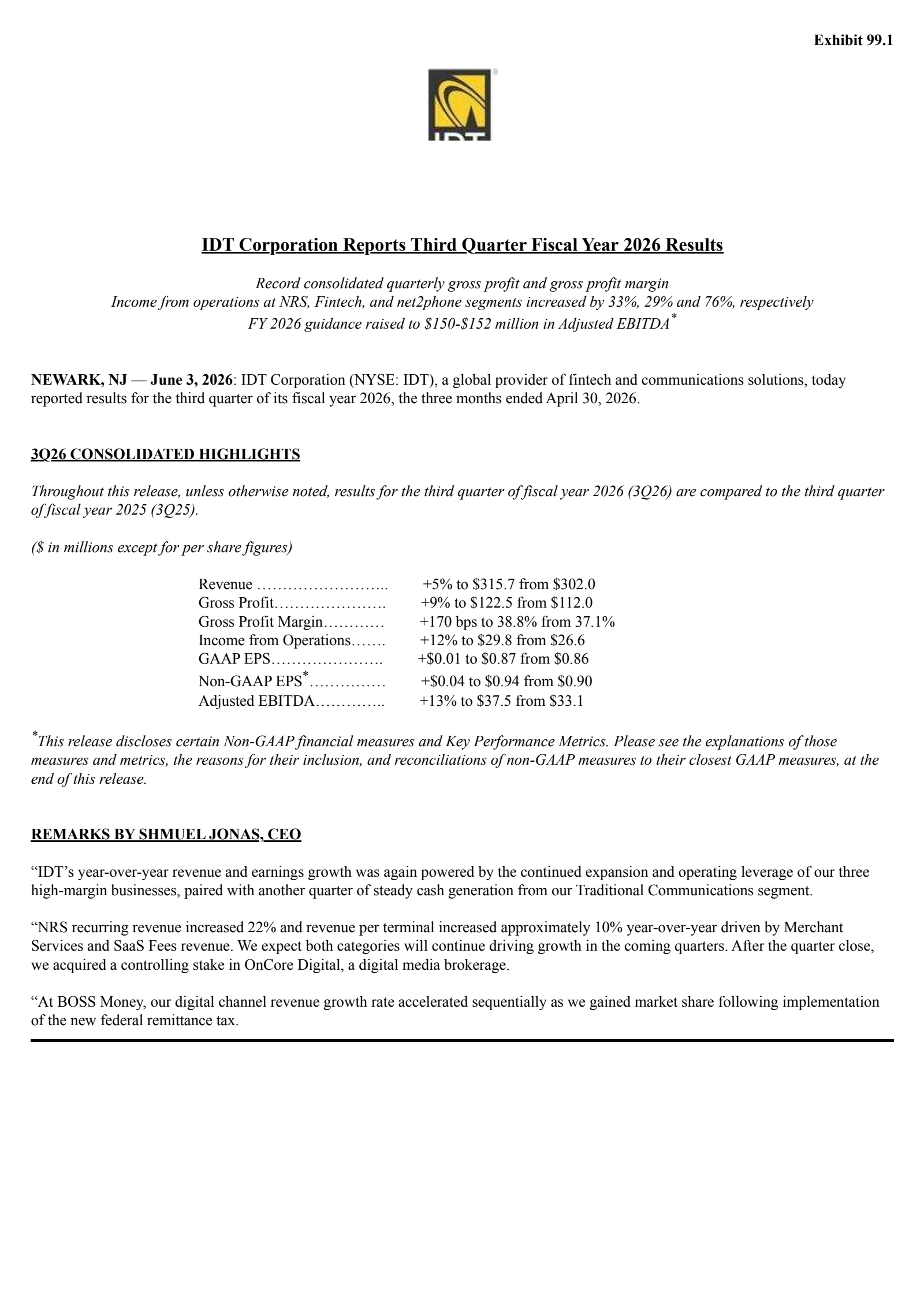 IDT's Q3 2026 Press Release