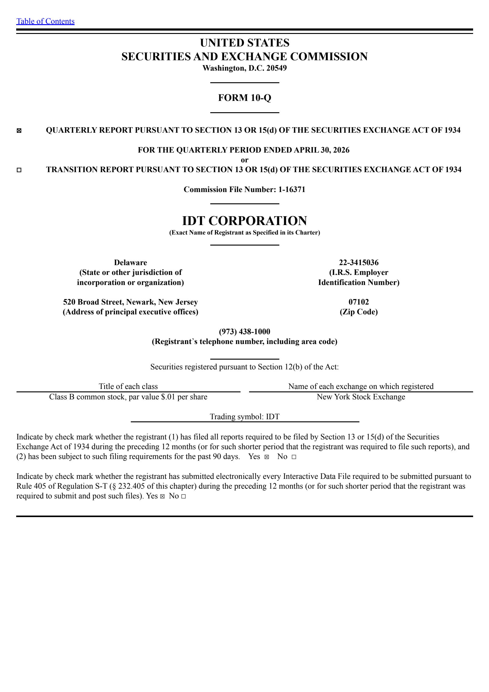IDT's Q3 2026 Quarterly report