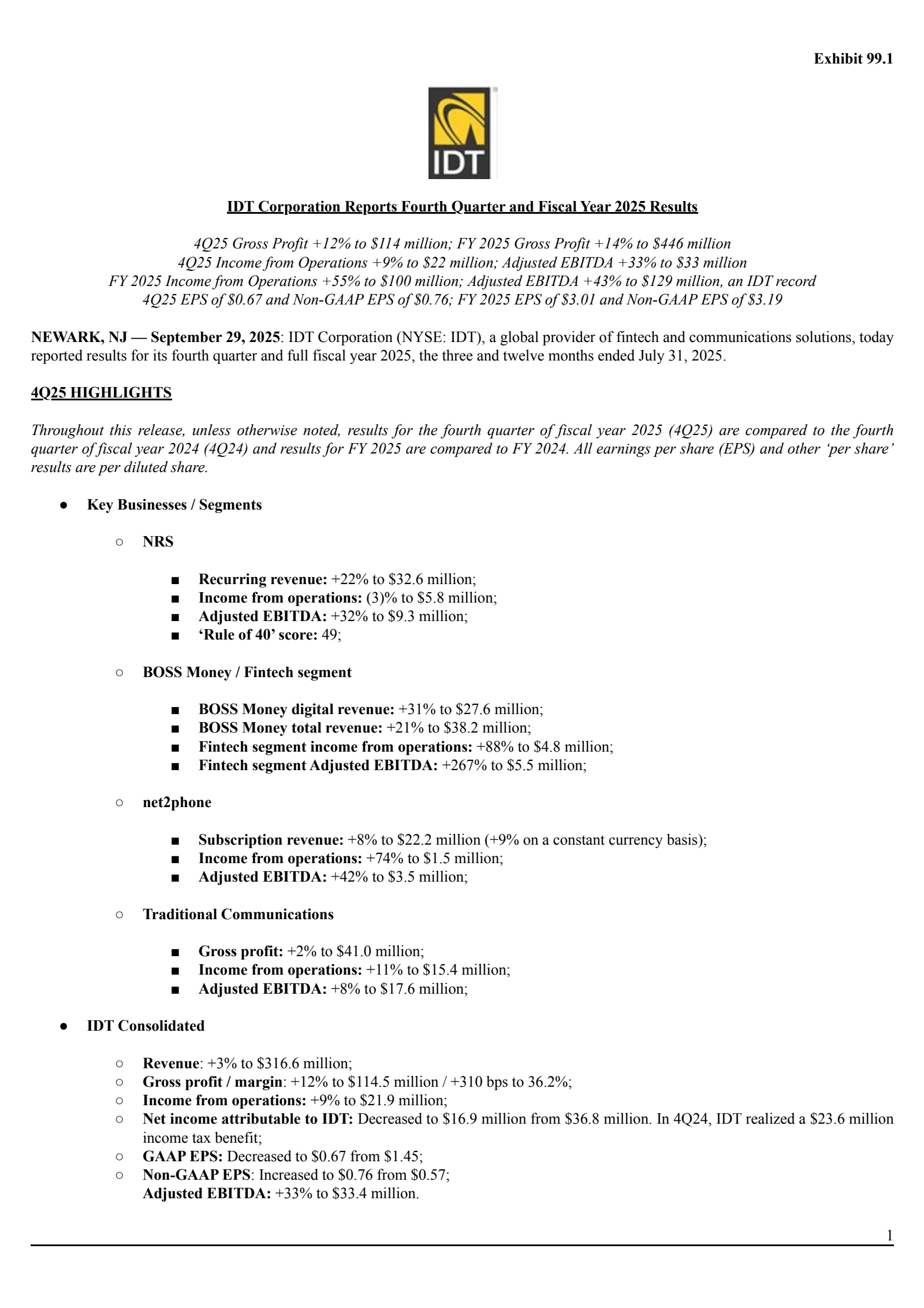 IDT's Q4 2025 Earnings Release