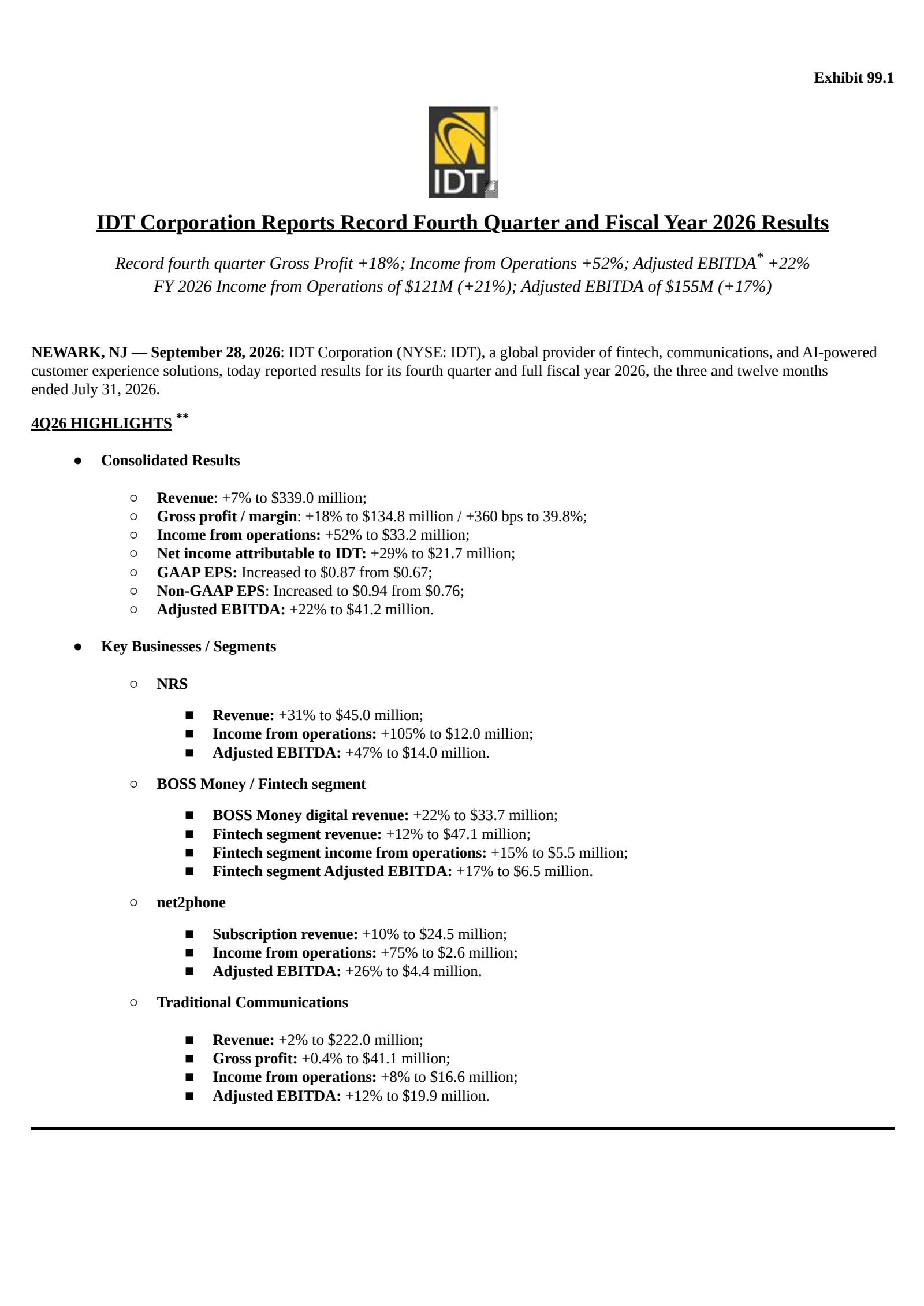 IDT's Q4 2026 Press Release