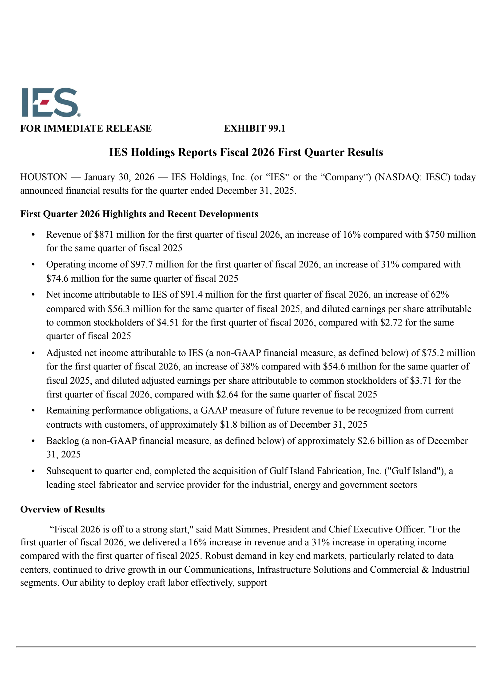 IES's Q1 2026 Press Release