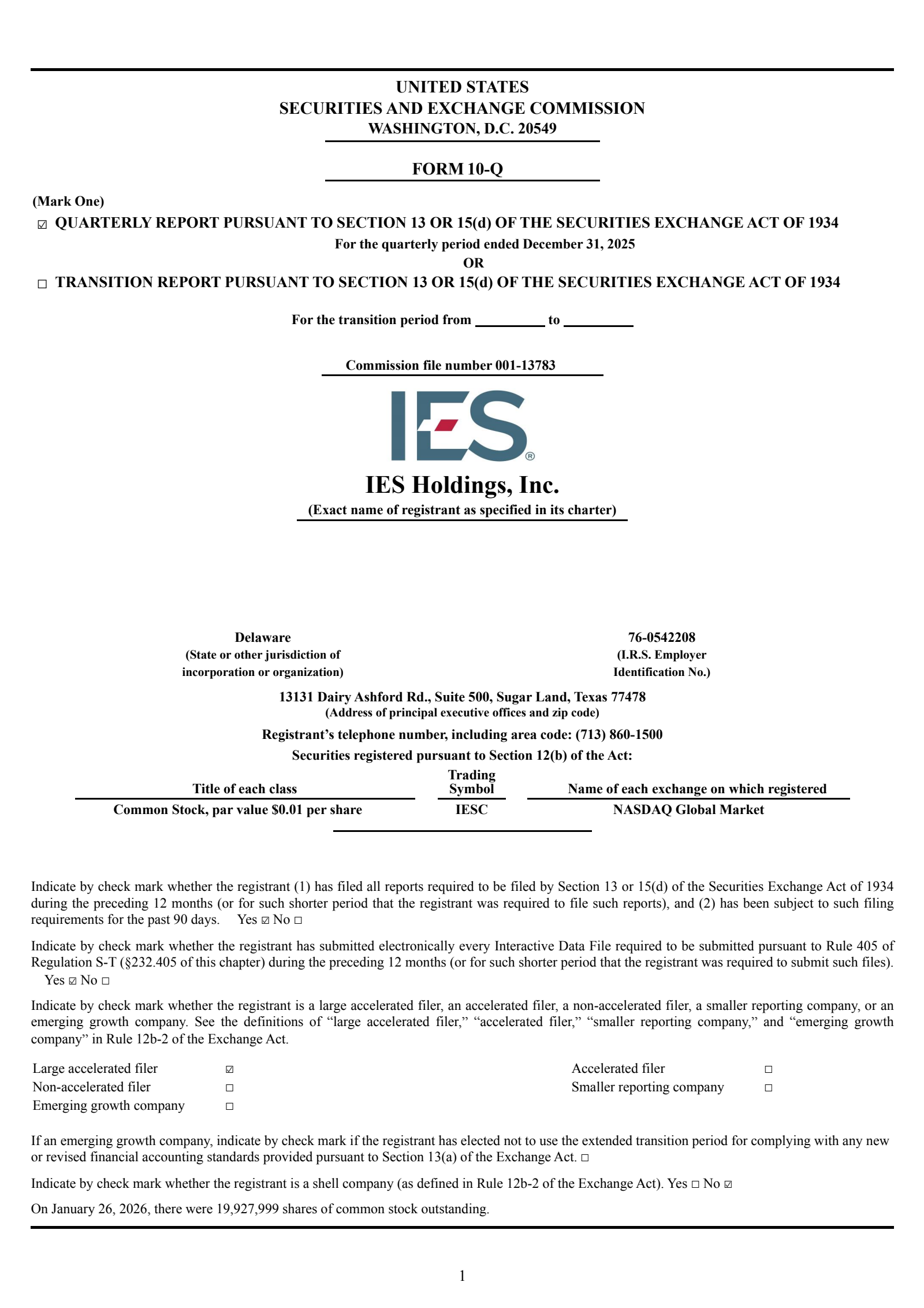 IES's Q1 2026 Quarterly report