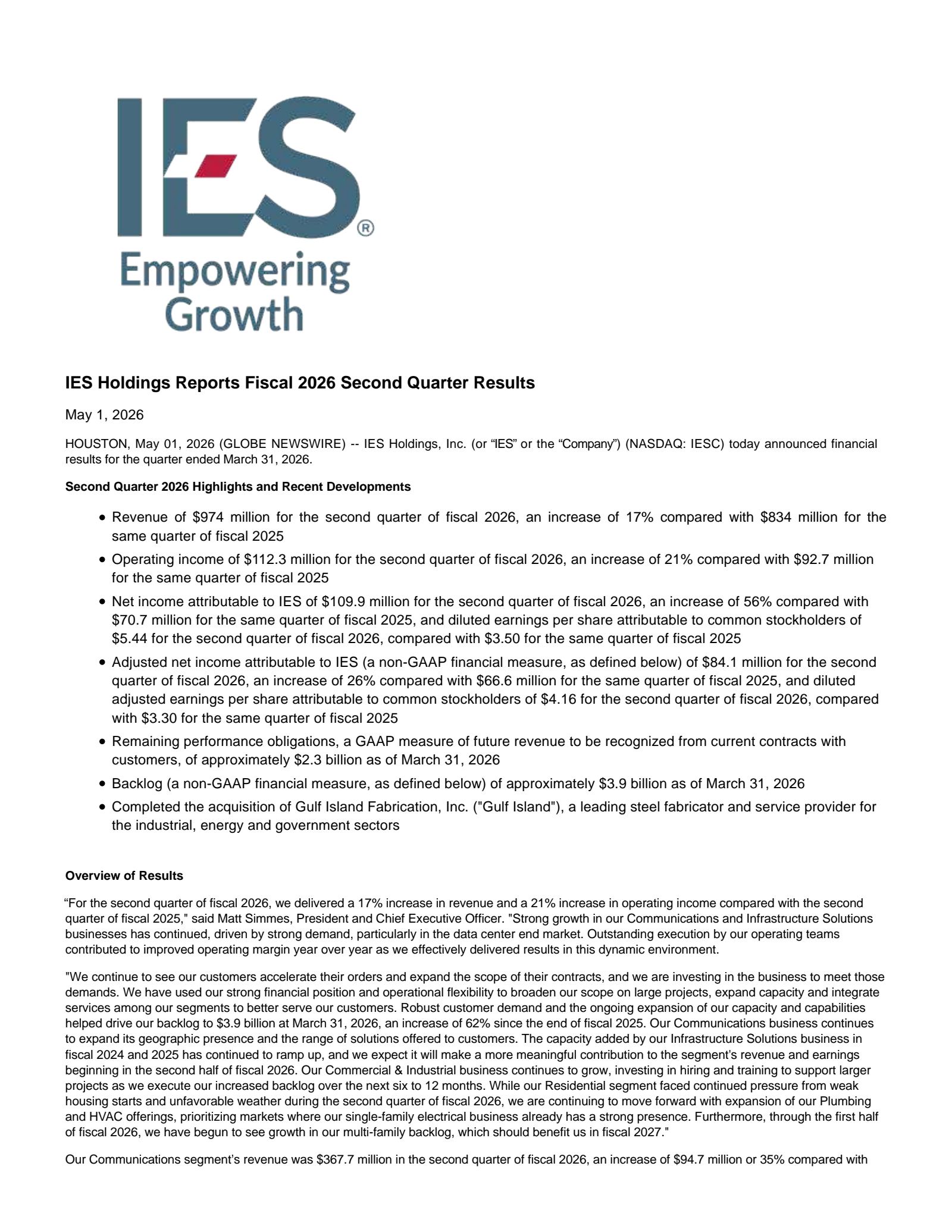 IES's Q2 2026 Press Release
