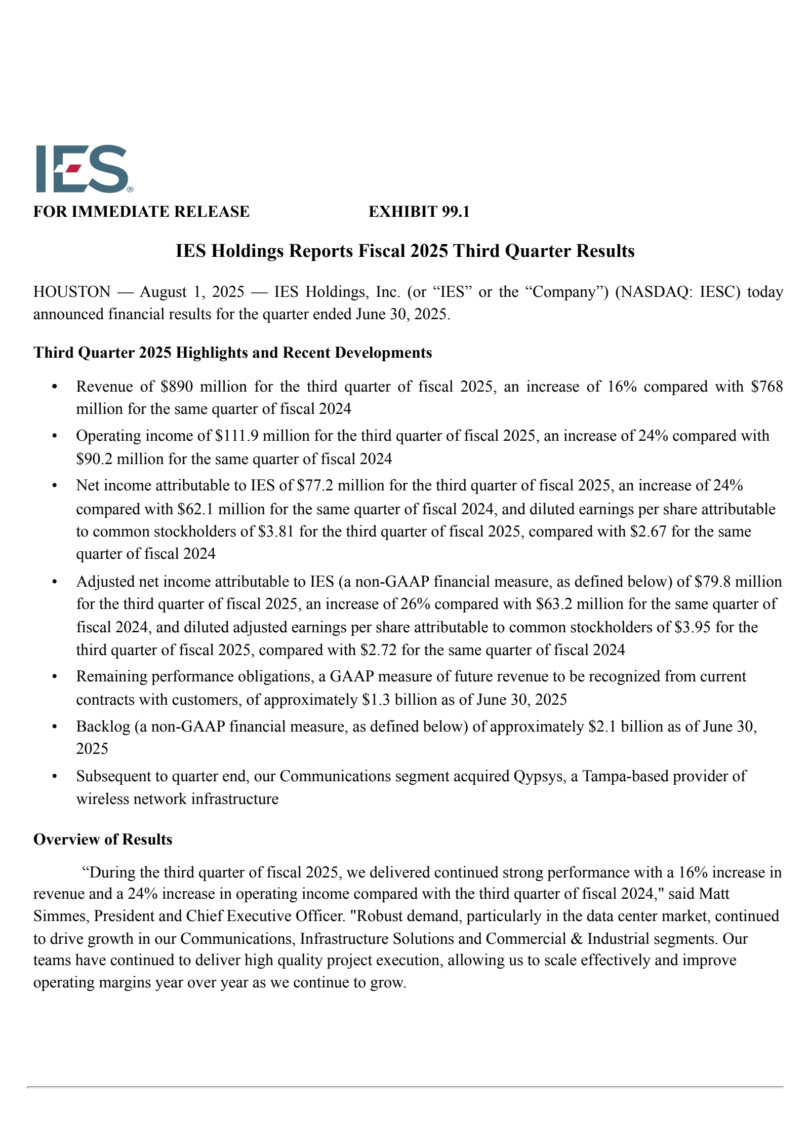 IES's Q3 2025 Press Release