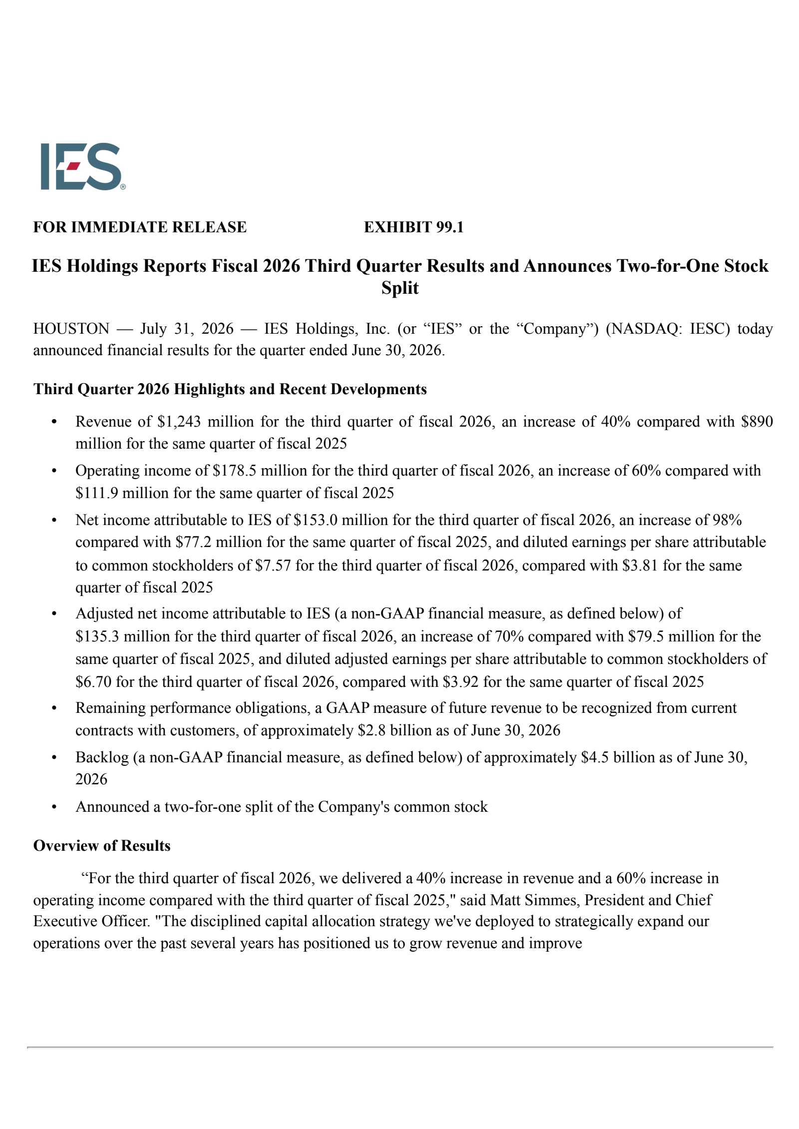 IES's Q3 2026 Press Release