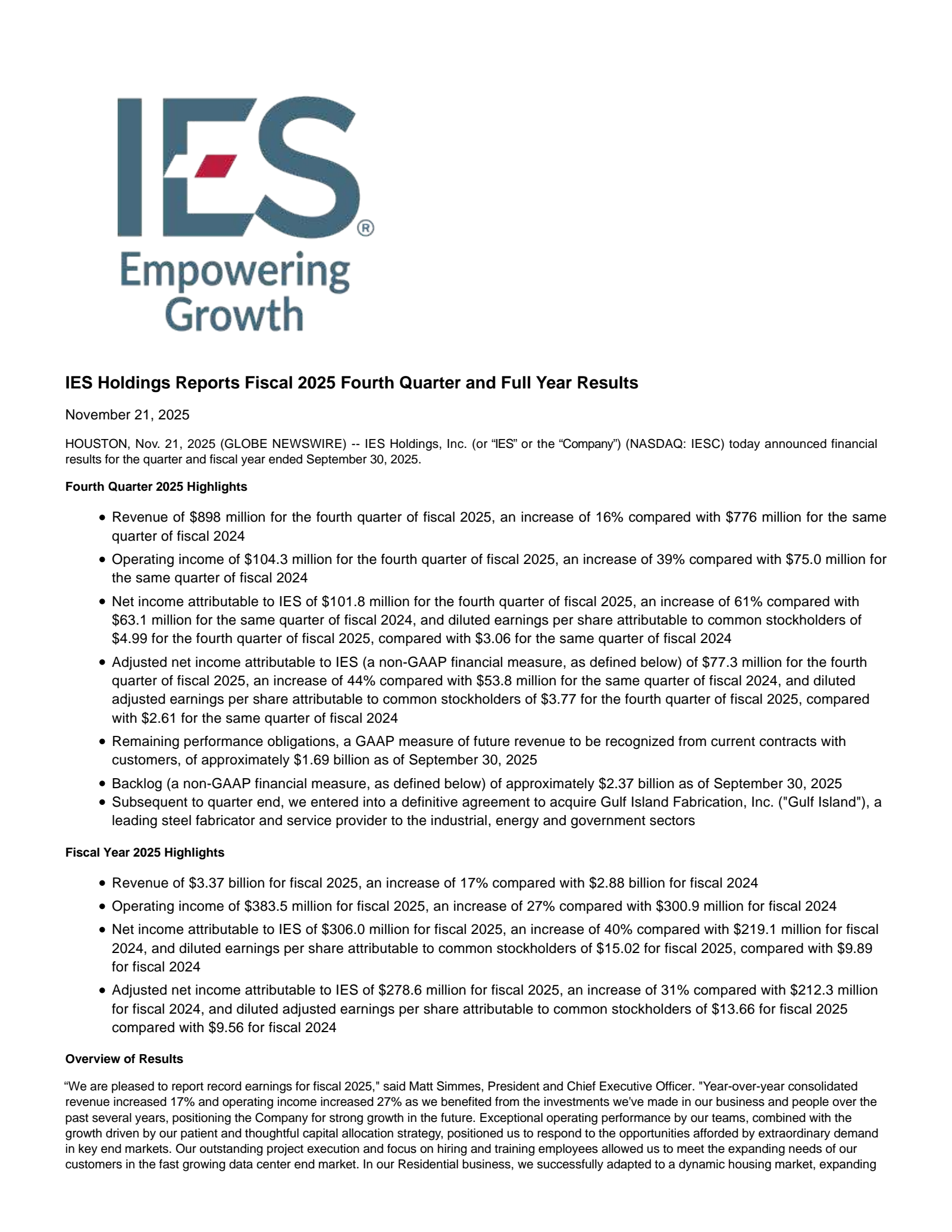 IES's Q4 2025 Earnings Release