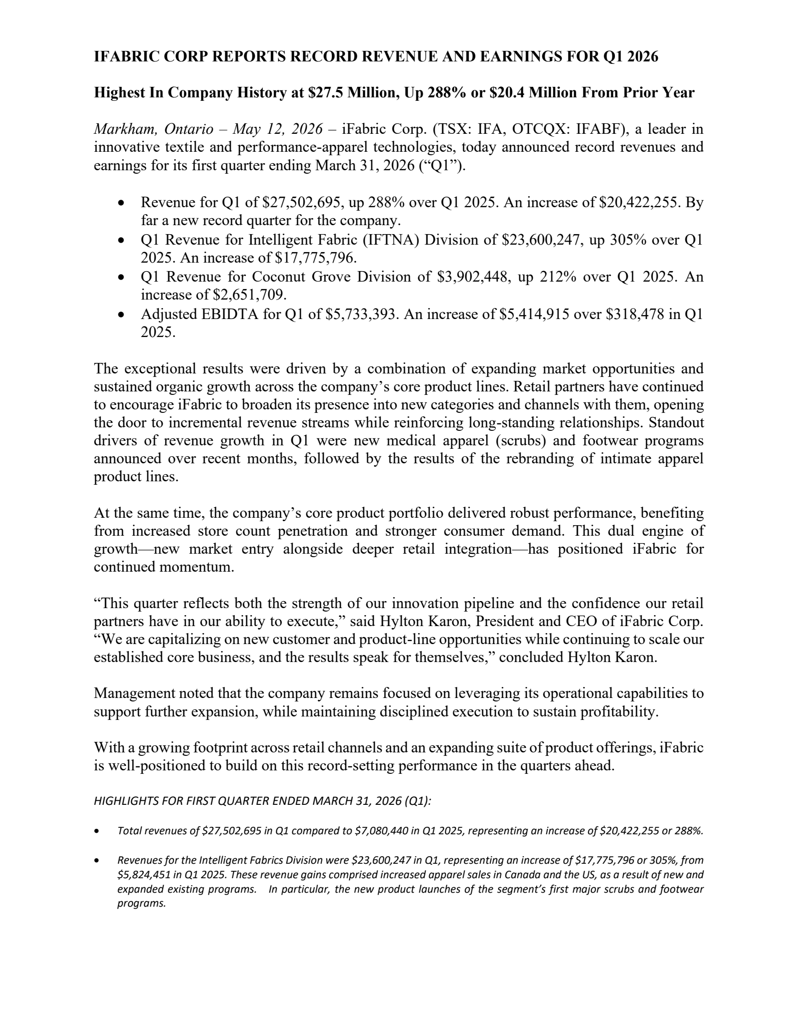 iFabric's Q1 2026 Press Release
