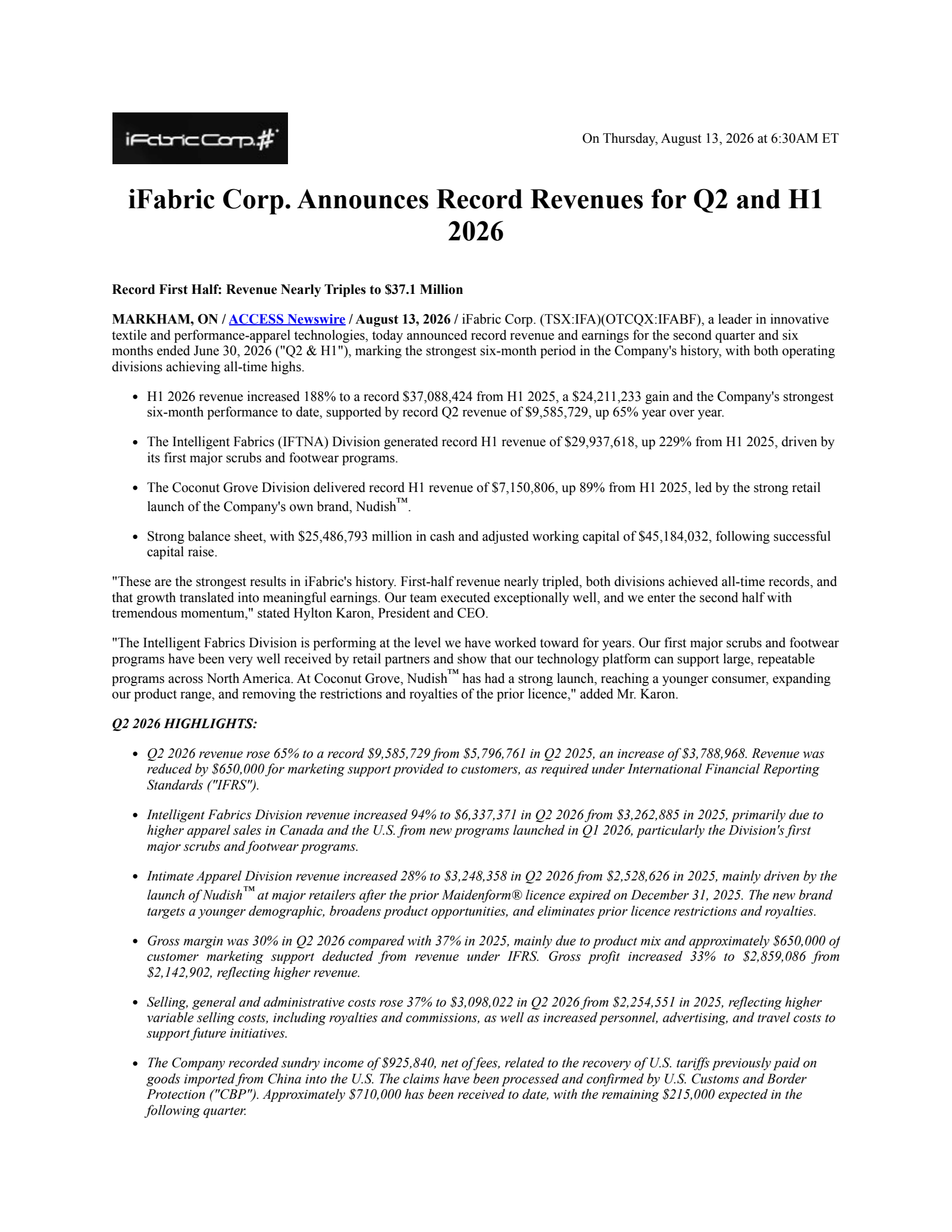 iFabric's Q2 2026 Press Release