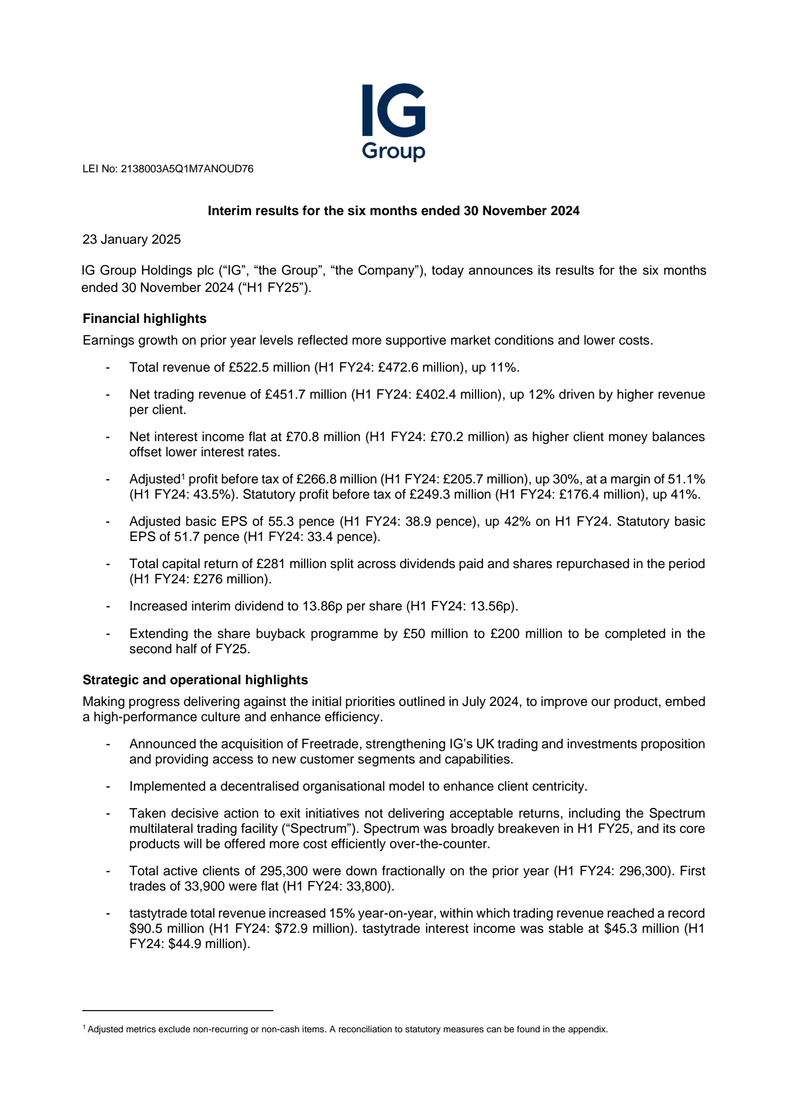 IG Group's H1 2025 Interim report