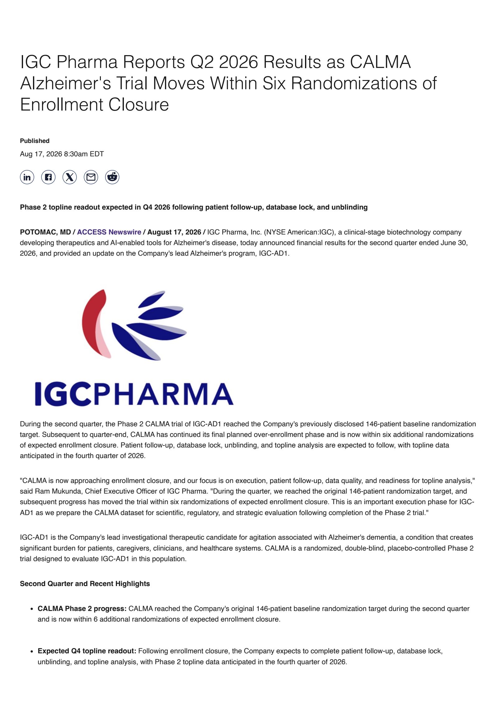 IGC Pharma's Q2 2026 Press Release