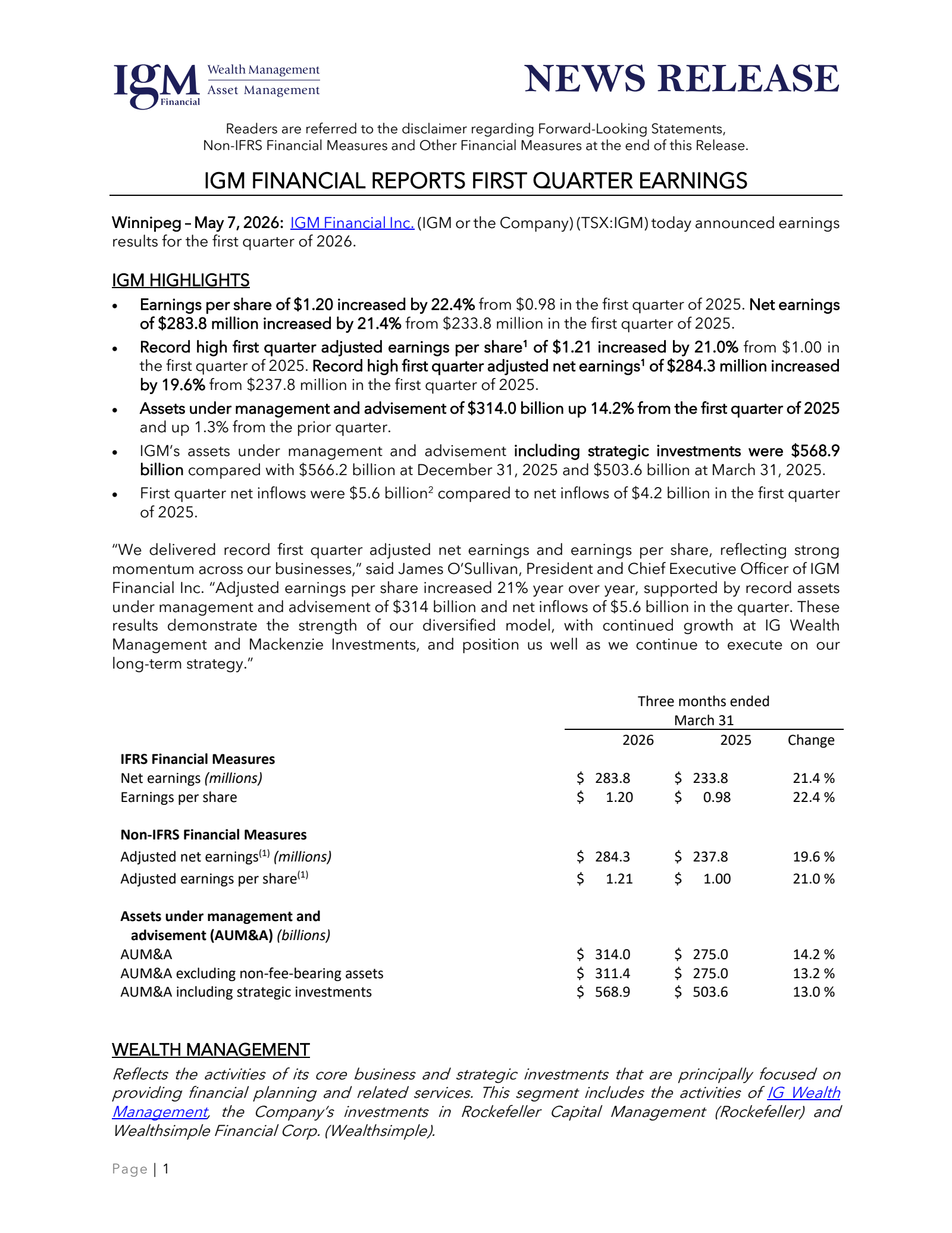 IGM Financial's Q1 2026 Press Release