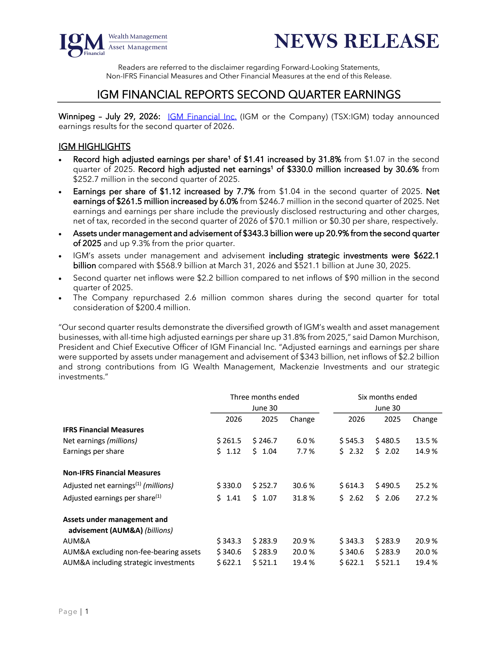 IGM Financial's Q2 2026 Press Release