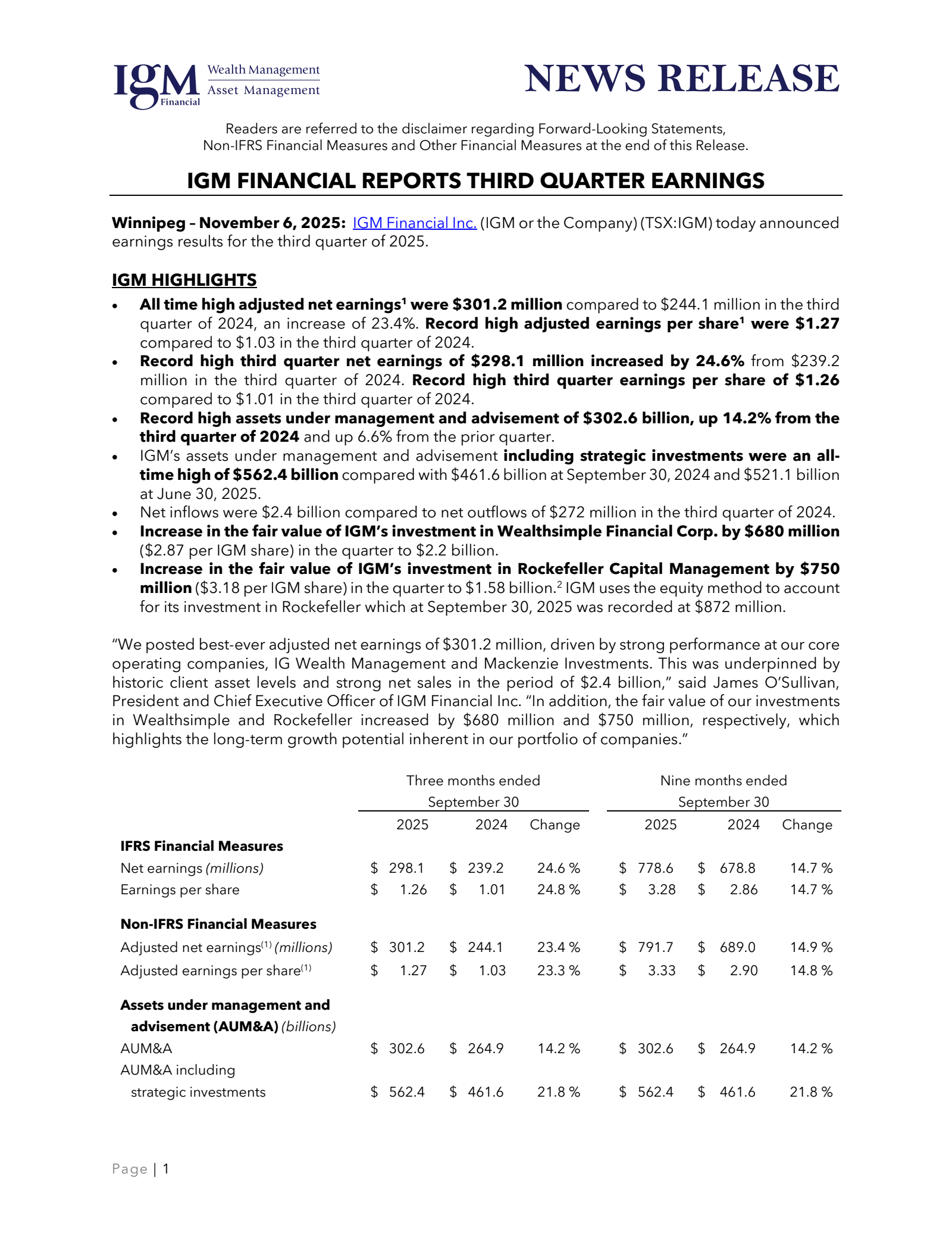 IGM Financial's Q3 2025 Earnings Release