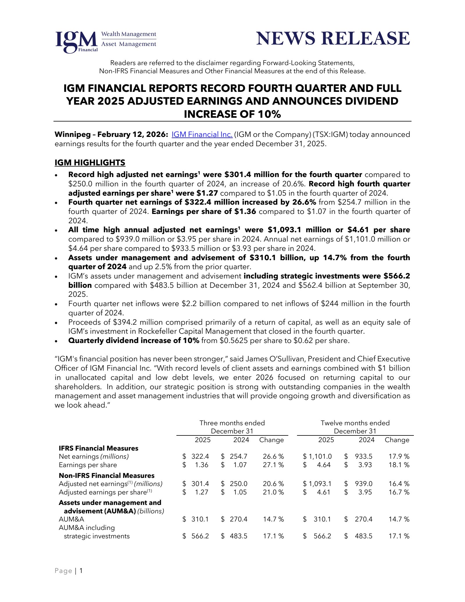 IGM Financial's Q4 2025 Press Release