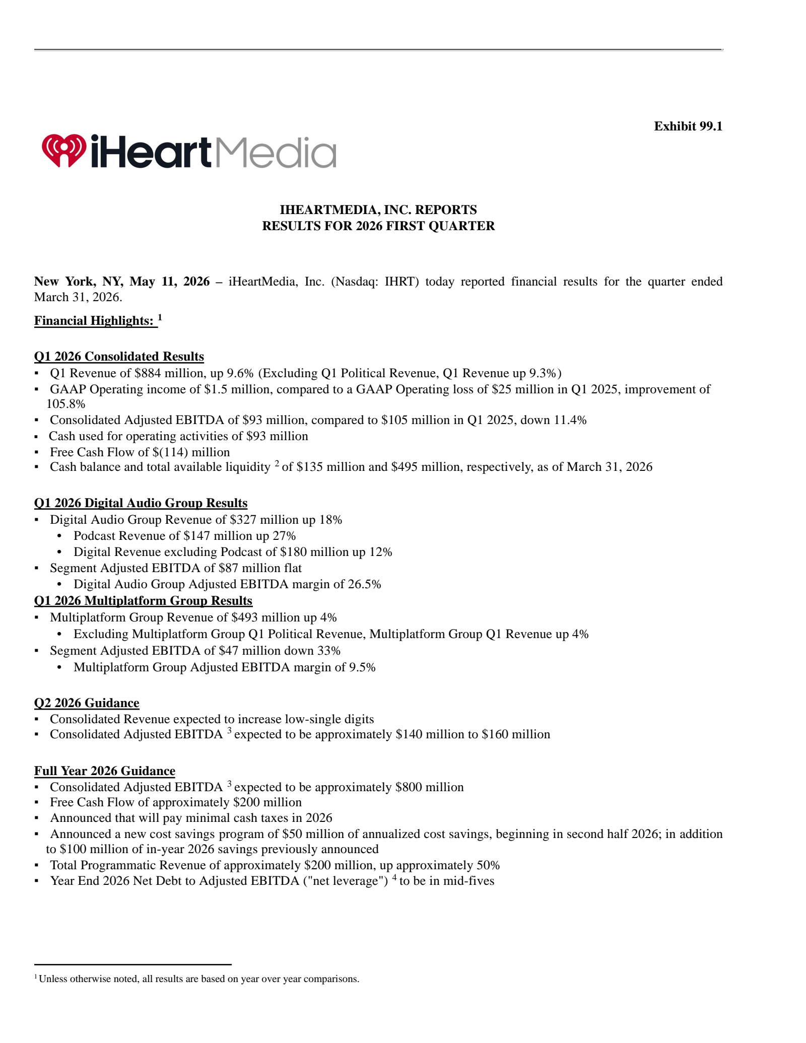iHeartMedia's Q1 2026 Press Release